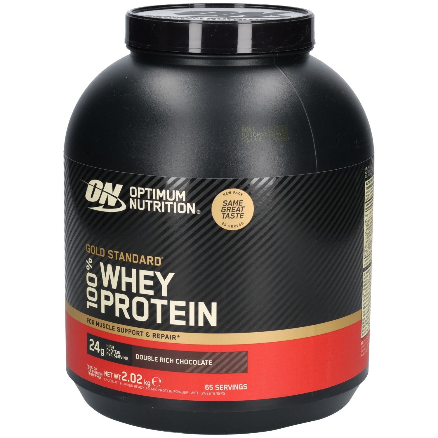 Schwarzer Behälter mit goldener und roter Beschriftung. Enthält Whey Protein. Marke: Optimum Nutrition.