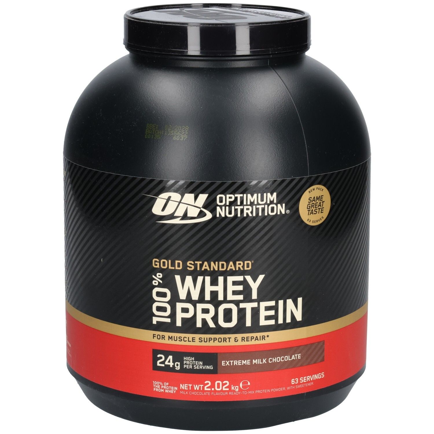 Schwarze Dose mit rotem Band. Aufschrift: Gold Standard 100% Whey Protein. Geschmack: Extreme Milk Chocolate. Marke: Optimum Nutrition.
