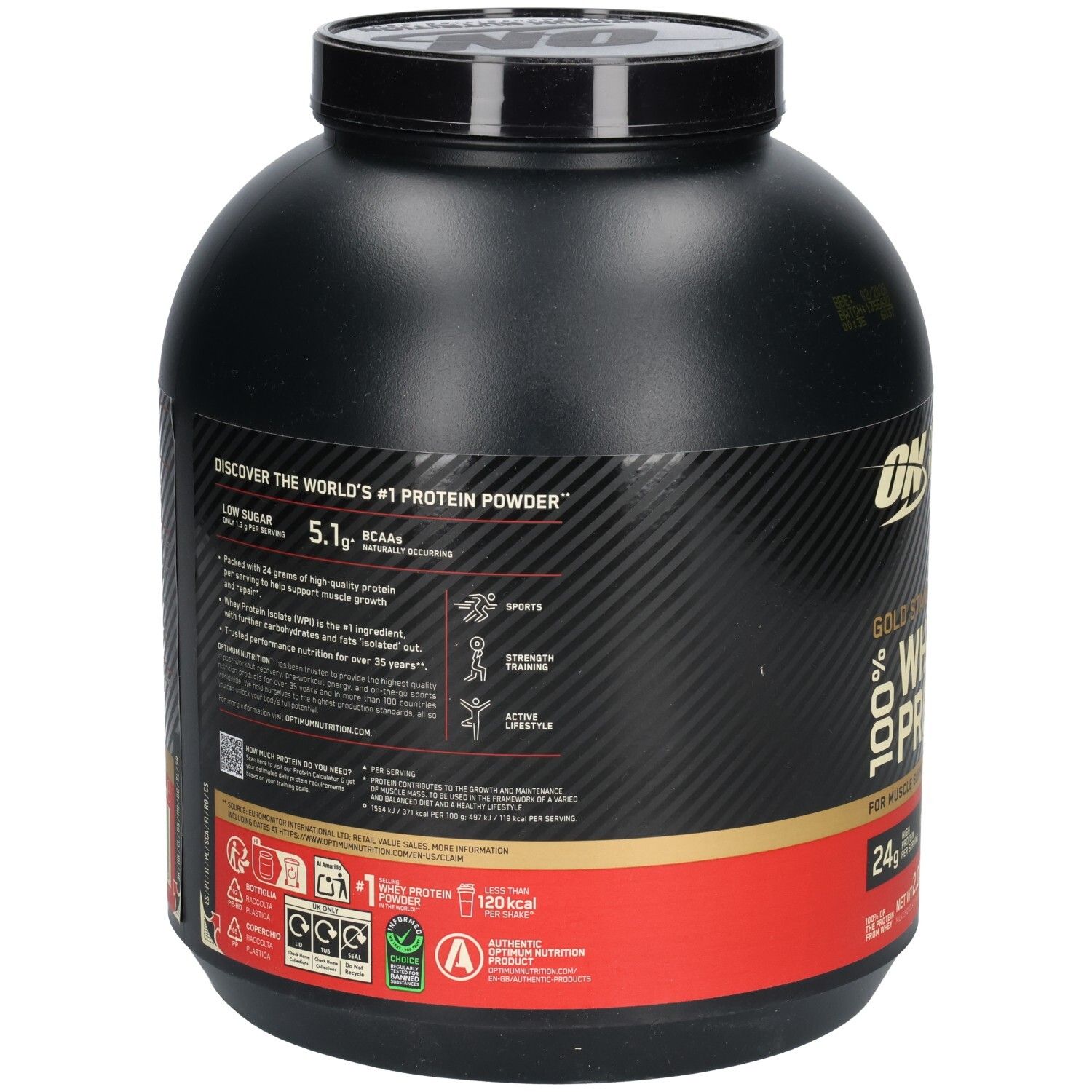 Rückseite der schwarzen Dose. Informationen zu Protein, BCAA und Nährwertangaben. Marke: Optimum Nutrition. Mit Zertifizierungen.