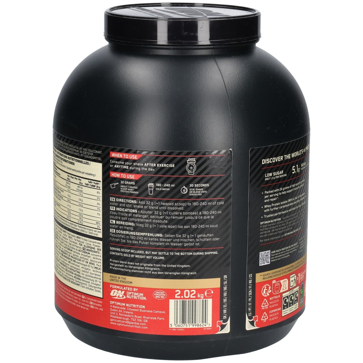 Rückseite der schwarzen Dose. Gebrauchsanweisung und Nährwertangaben. Marke: Optimum Nutrition. Hergestellt in Großbritannien.