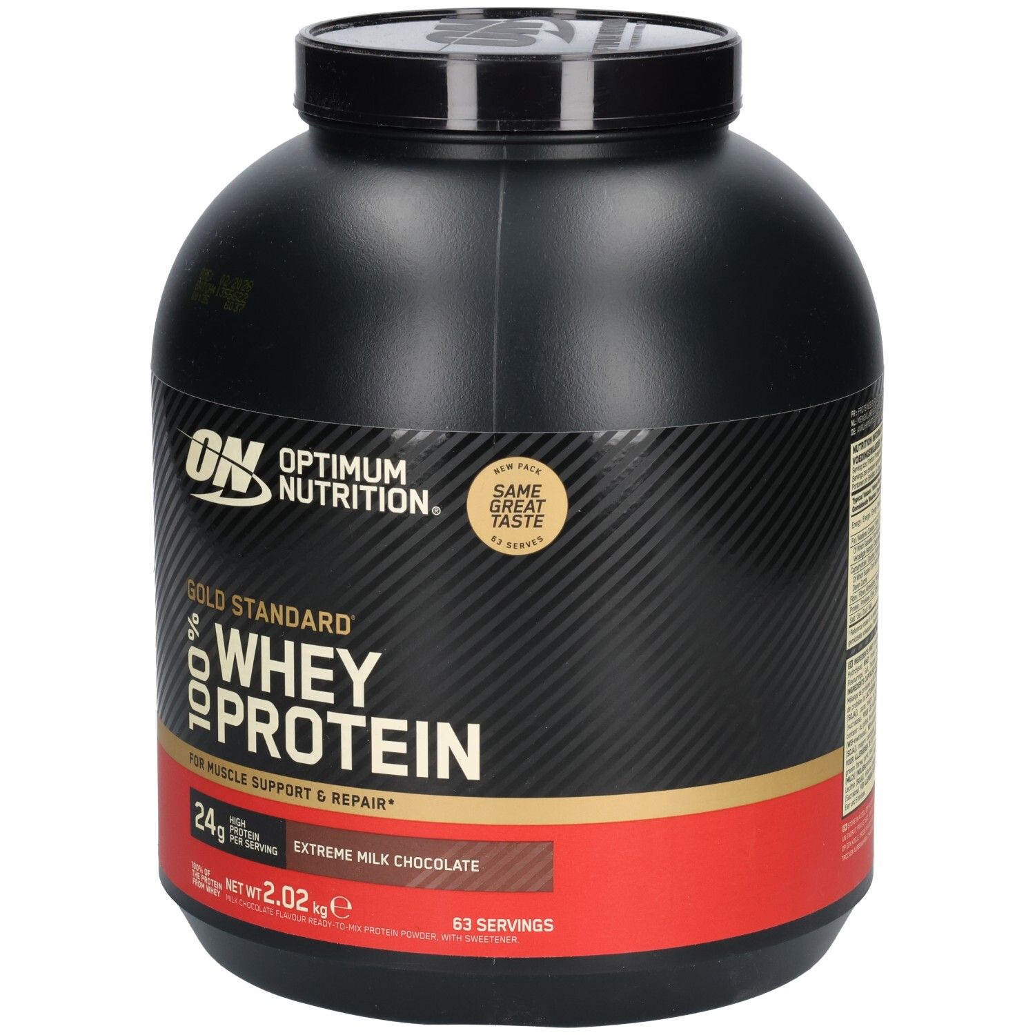 Schwarze Dose mit rotem Band. Aufschrift: Gold Standard 100% Whey Protein. Geschmack: Extreme Milk Chocolate. Marke: Optimum Nutrition.