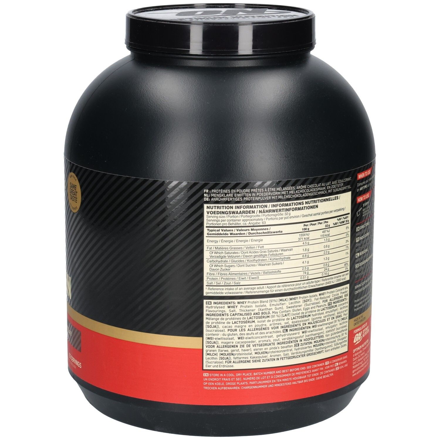 Rückseite der schwarzen Dose. Nährwertangaben und Informationen. Marke: Optimum Nutrition. Mit Zertifizierungen.