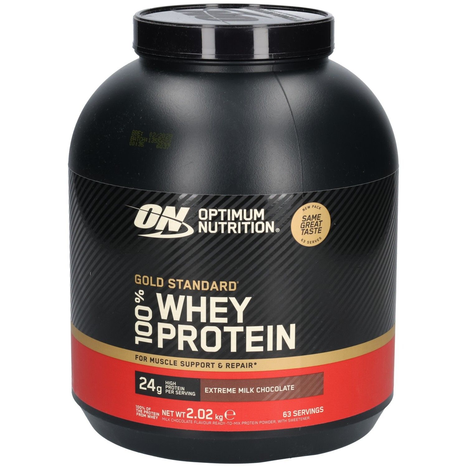 Schwarze Dose mit rotem Band. Aufschrift: Gold Standard 100% Whey Protein. Geschmack: Extreme Milk Chocolate. Marke: Optimum Nutrition.