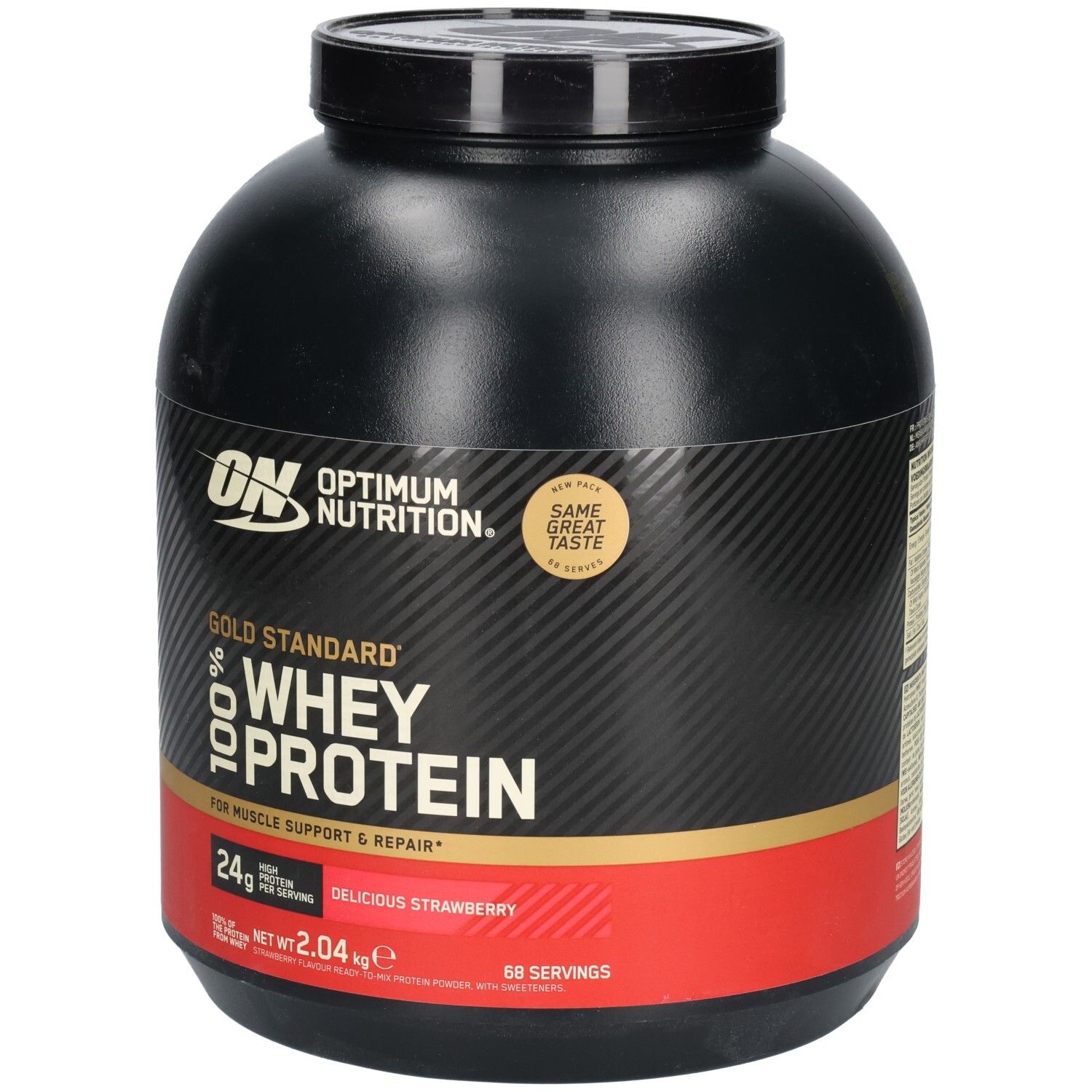 Schwarzer Behälter mit rotem Band. Aufschrift: Optimum Nutrition, Gold Standard 100% Whey Protein. Geschmack: Delicious Strawberry.