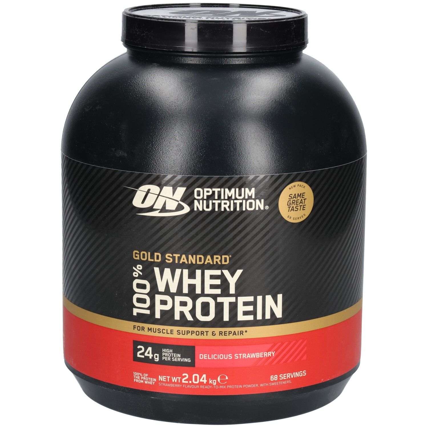 Schwarzer Behälter mit rotem Band. Aufschrift: Optimum Nutrition, Gold Standard 100% Whey Protein. Geschmack: Delicious Strawberry.