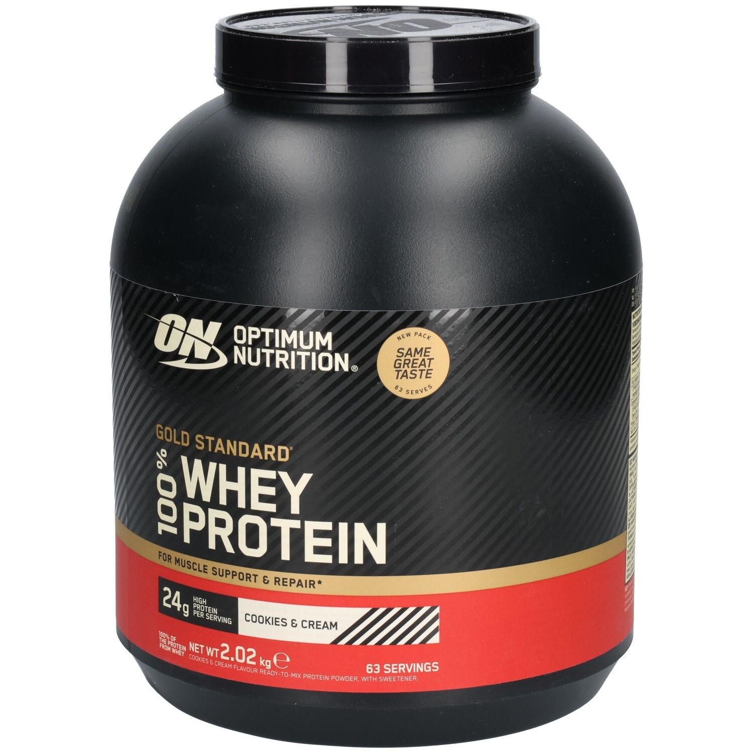 Schwarze Dose Gold Standard 100% Whey Protein. Roter Streifen mit Text. Marke: Optimum Nutrition. Geschmack: Cookies & Cream.