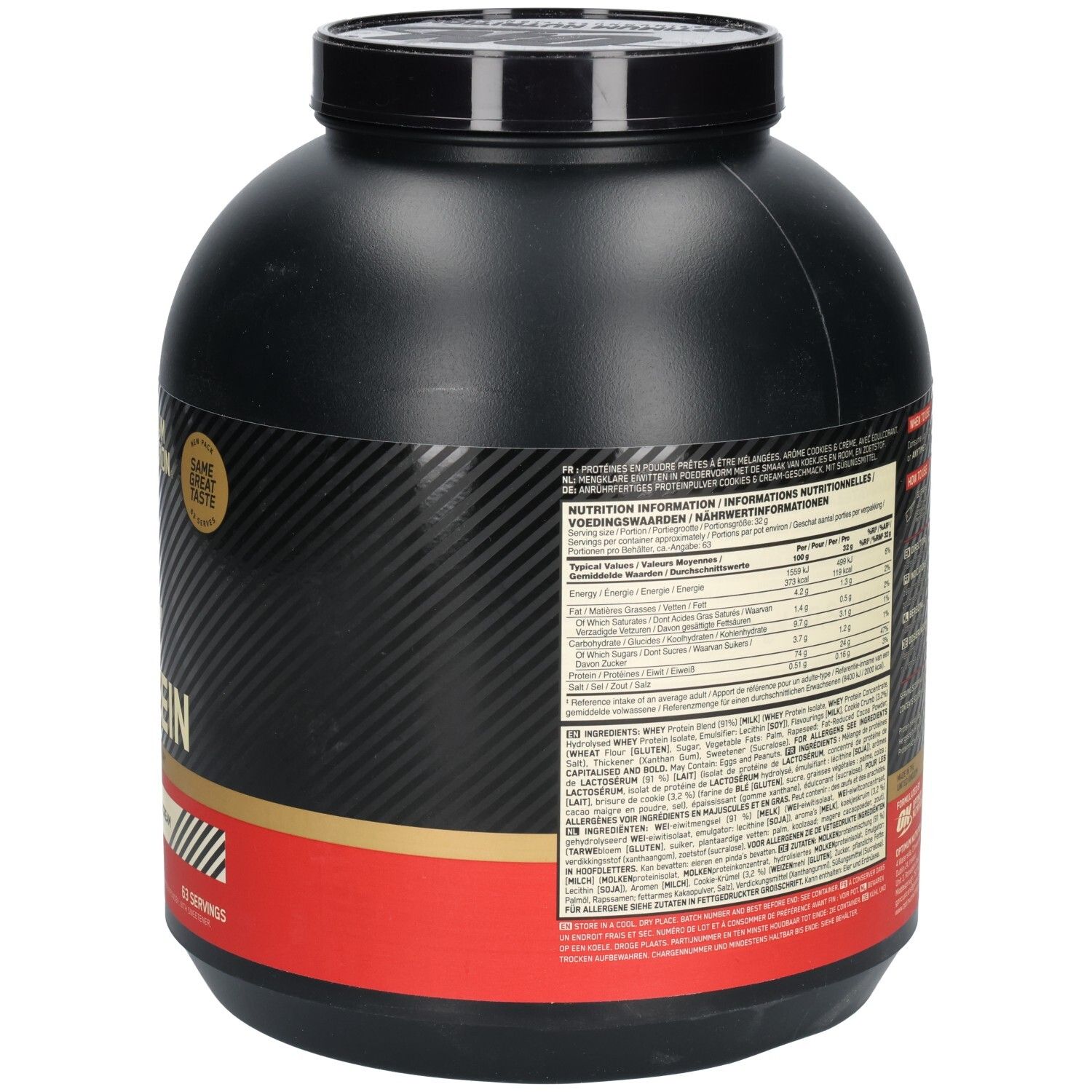 Rückseite der schwarzen Dose Gold Standard 100% Whey Protein. Text mit Nährwertangaben und Produktinformationen.