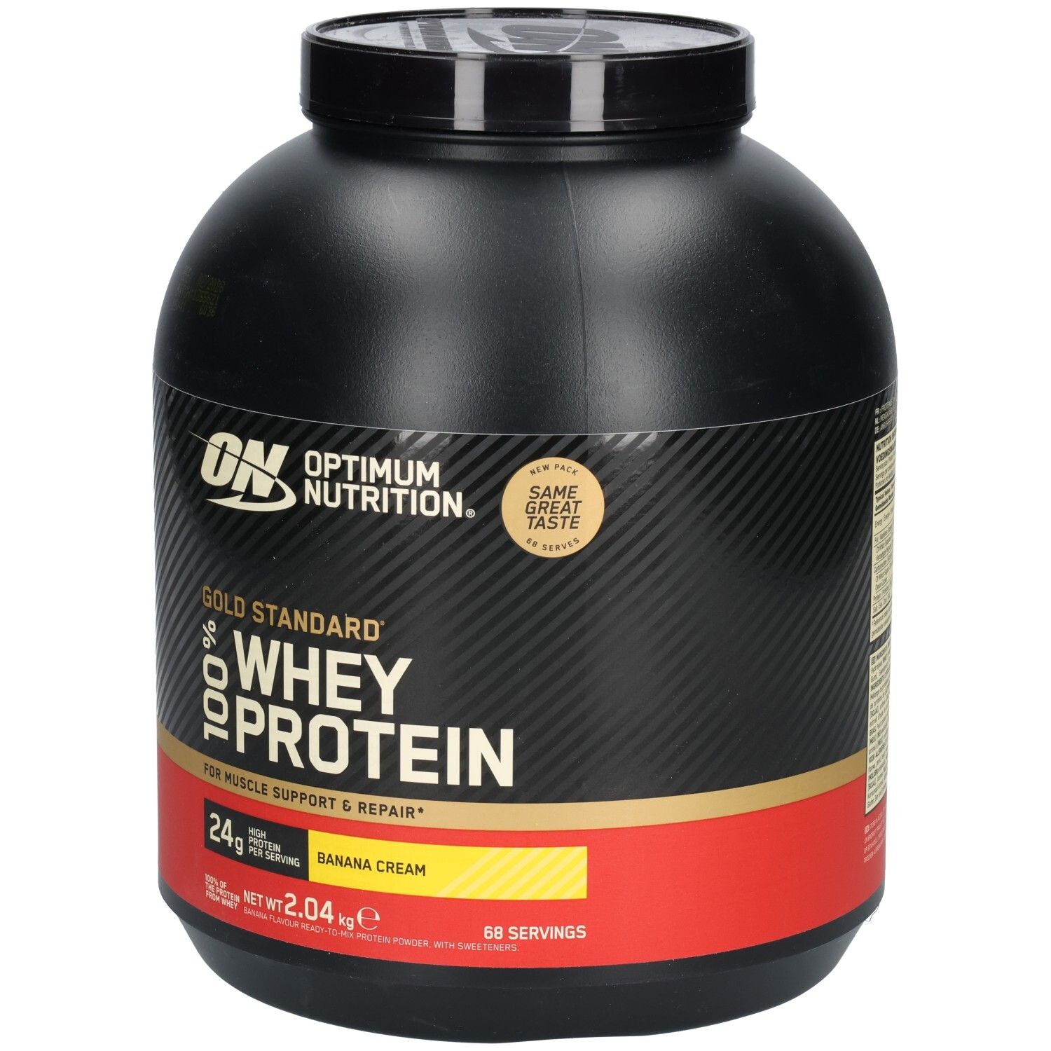Schwarzer Behälter mit goldener und roter Beschriftung. Aufschrift: Optimum Nutrition, Gold Standard 100% Whey Protein. Geschmack: Banana Cream.