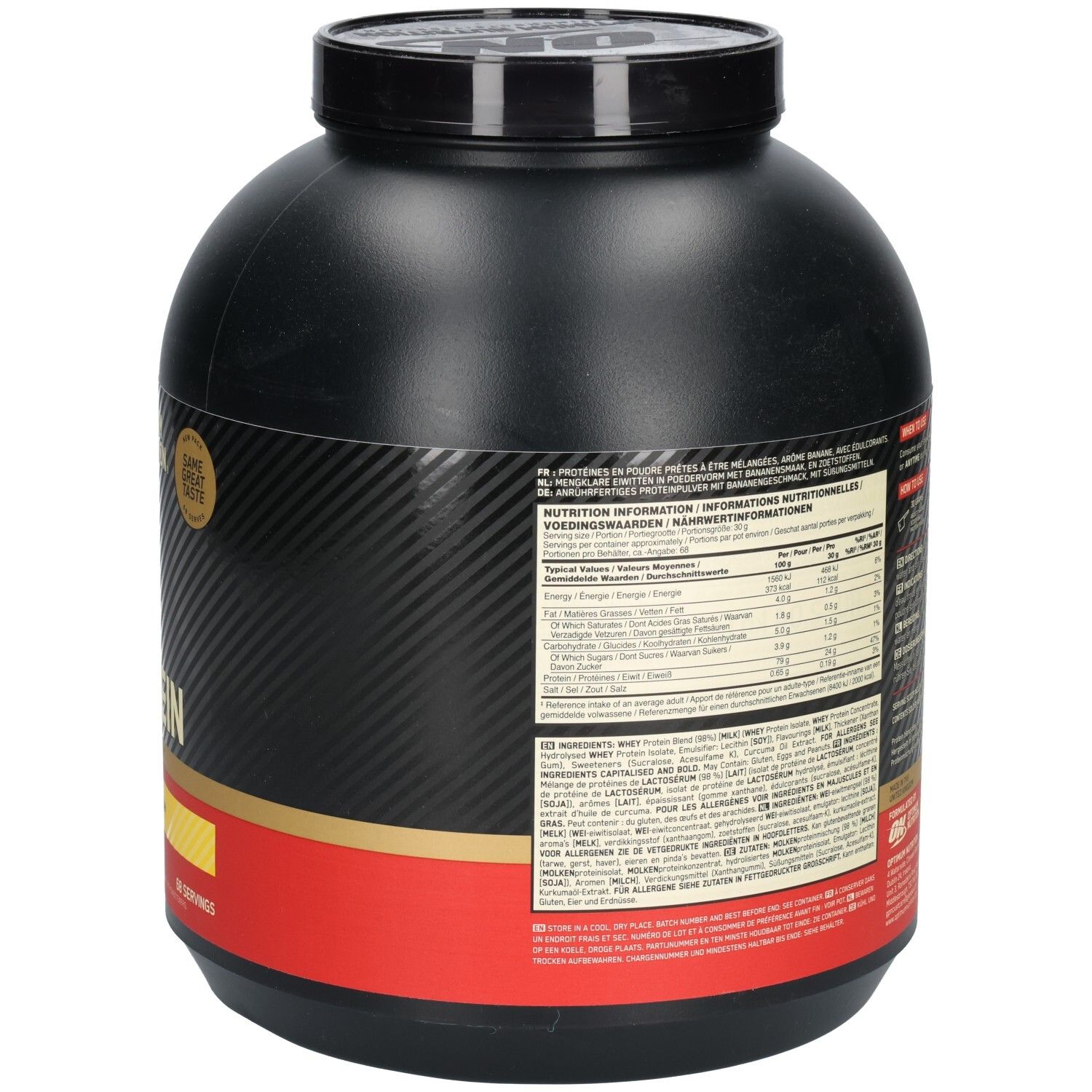 Schwarzer Behälter mit Text. Aufschrift: Optimum Nutrition, Gold Standard 100% Whey Protein. Enthält Informationen zu Inhaltsstoffen und Nährwerten.