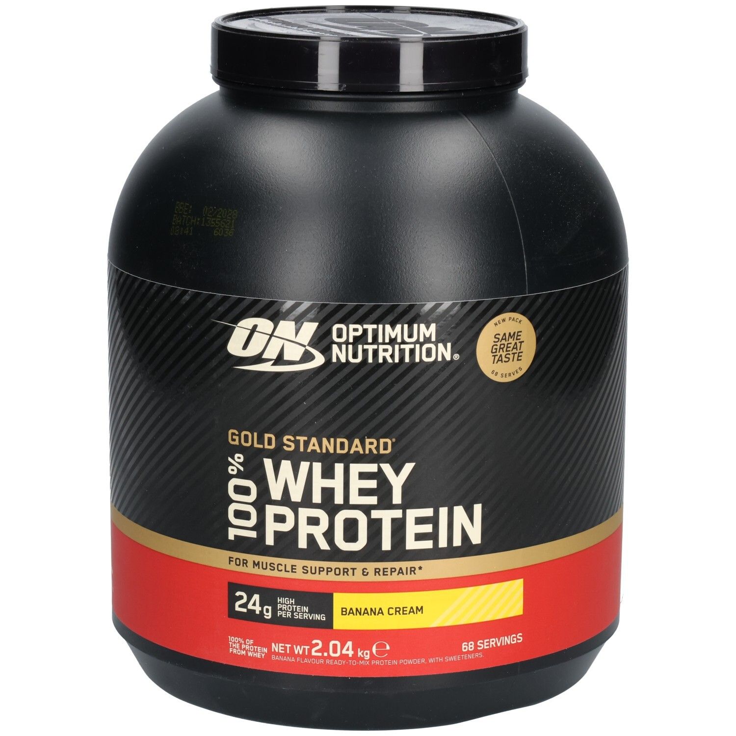 Schwarzer Behälter mit goldener und roter Beschriftung. Aufschrift: Optimum Nutrition, Gold Standard 100% Whey Protein. Geschmack: Banana Cream.