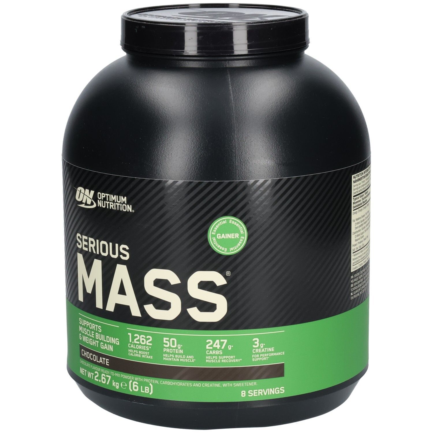 Schwarzer Behälter mit "Serious Mass". Grün-weiße Akzente. Enthält Informationen zu Kalorien und Inhaltsstoffen. Schokoladengeschmack.
