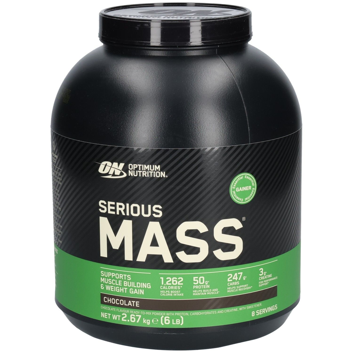 Schwarzer Behälter mit "Serious Mass". Grün-weiße Akzente. Enthält Informationen zu Kalorien und Inhaltsstoffen. Schokoladengeschmack.