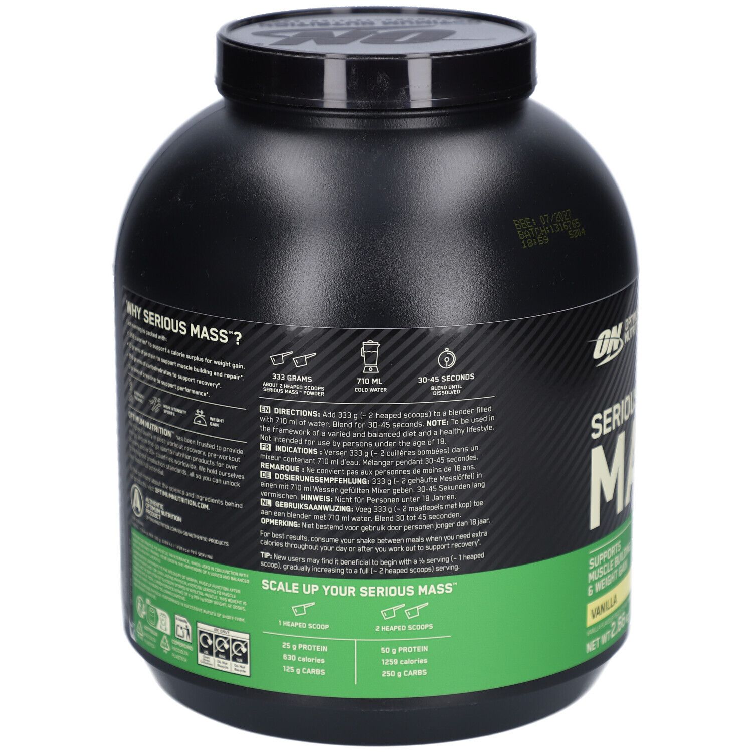 Schwarzer Behälter mit grüner Etikettierung. Rückseite mit Informationen zu Inhaltsstoffen und Anwendung. Text in mehreren Sprachen.