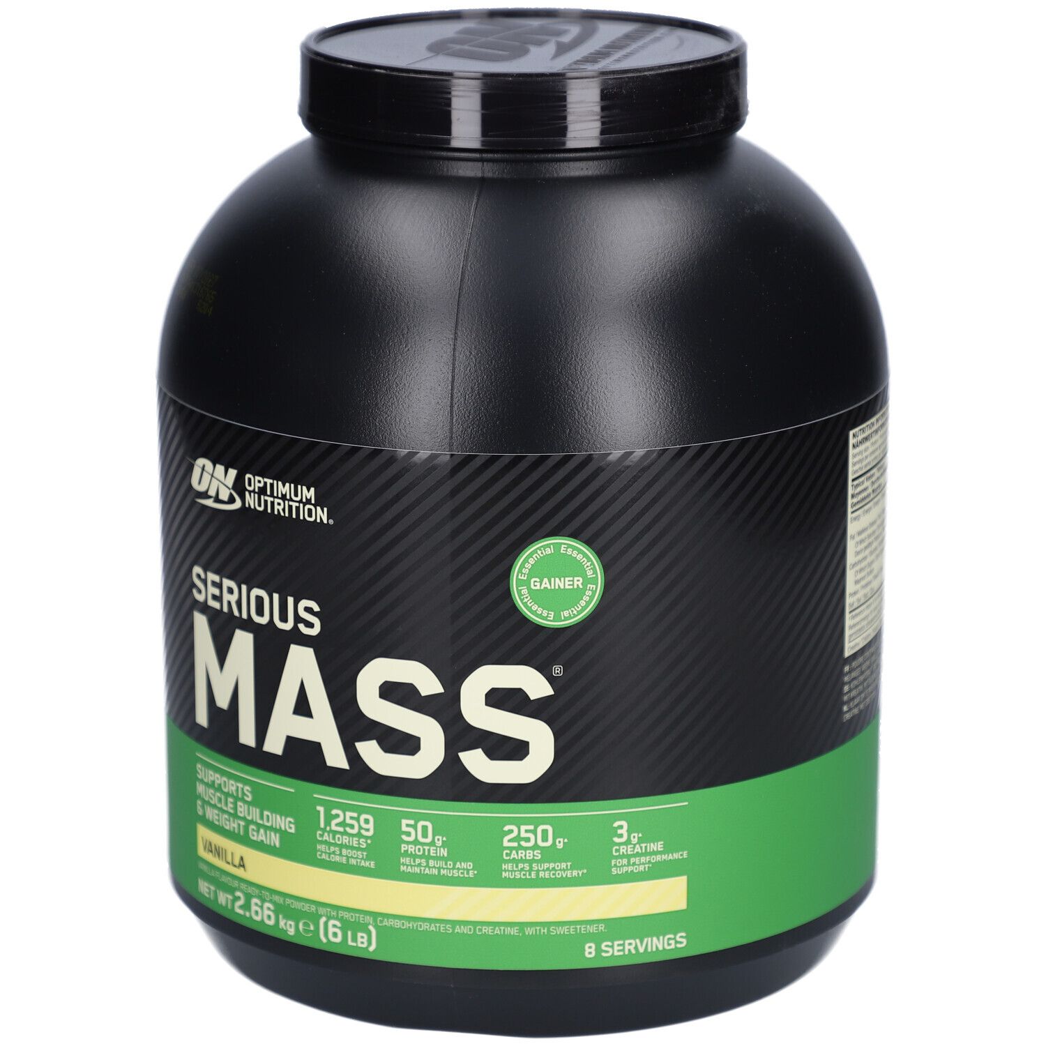 Schwarzer Behälter mit grünem Etikett. Aufschrift: Serious Mass, Vanilla. Enthält 1259 Kalorien, 50g Protein, 250g Kohlenhydrate.