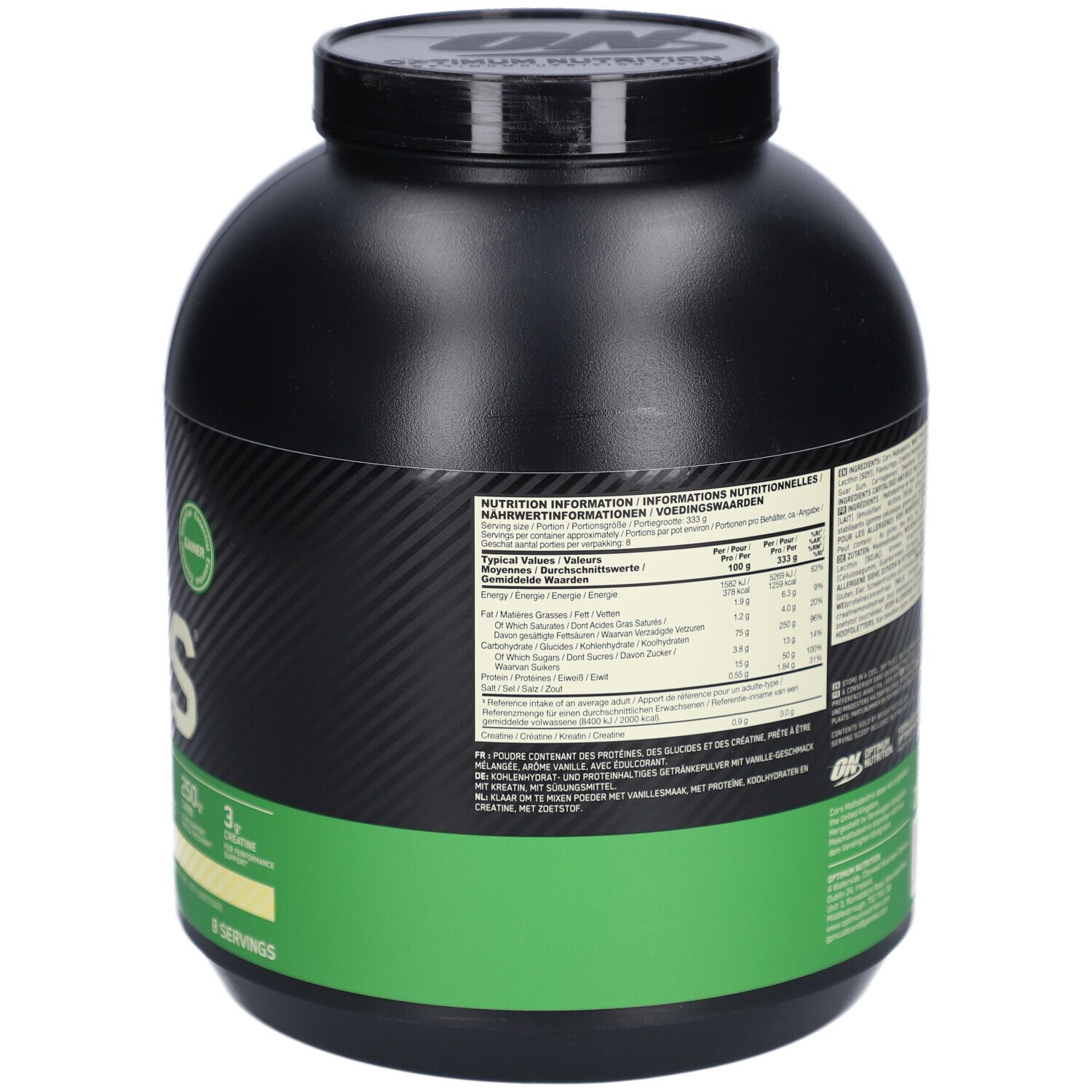 Schwarzer Behälter mit grünem Etikett. Rückseite mit Nährwertangaben. Text in mehreren Sprachen.