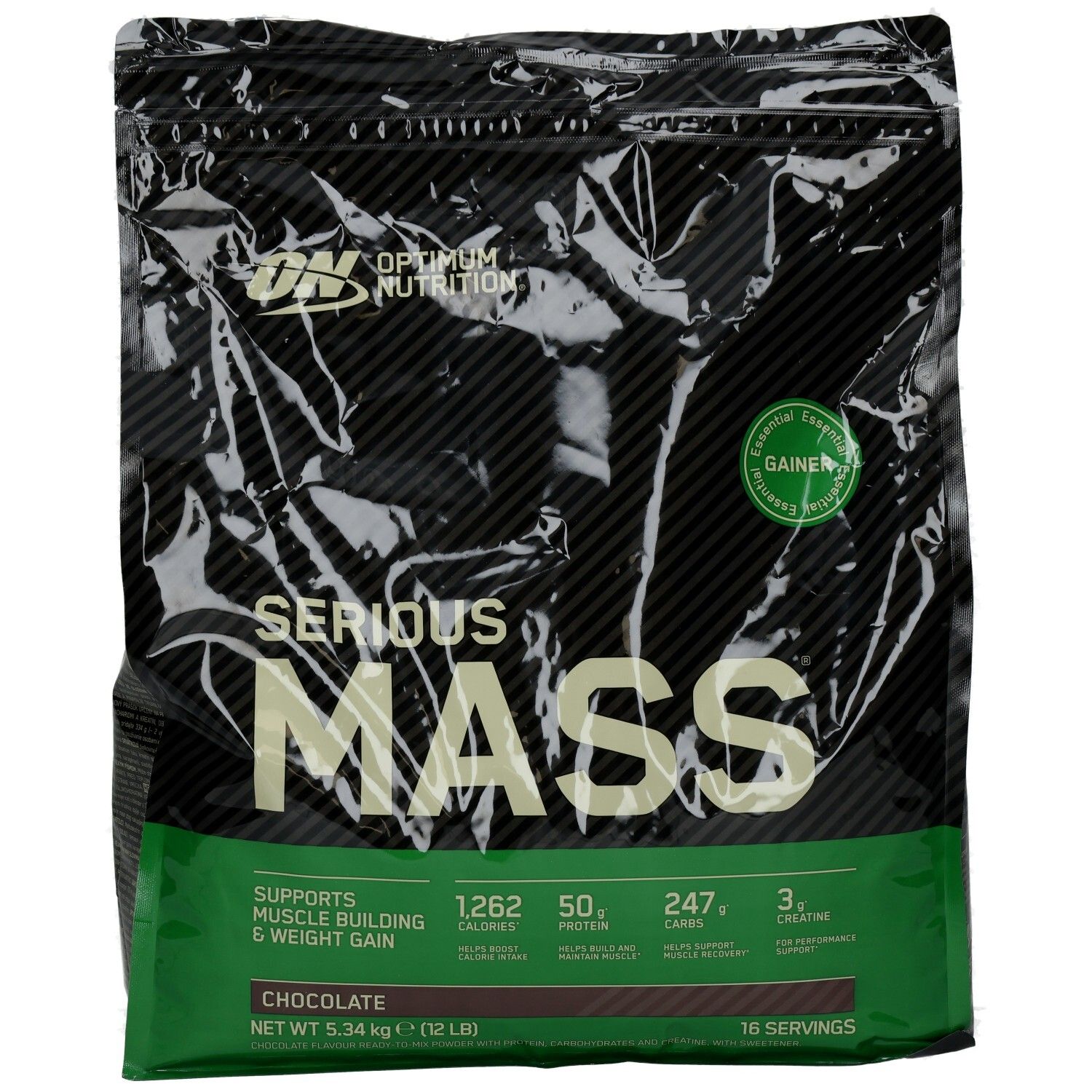 Schwarze Tüte mit Produktnamen 'Serious Mass' und 'Optimum Nutrition'. Geschmack: Schokolade.