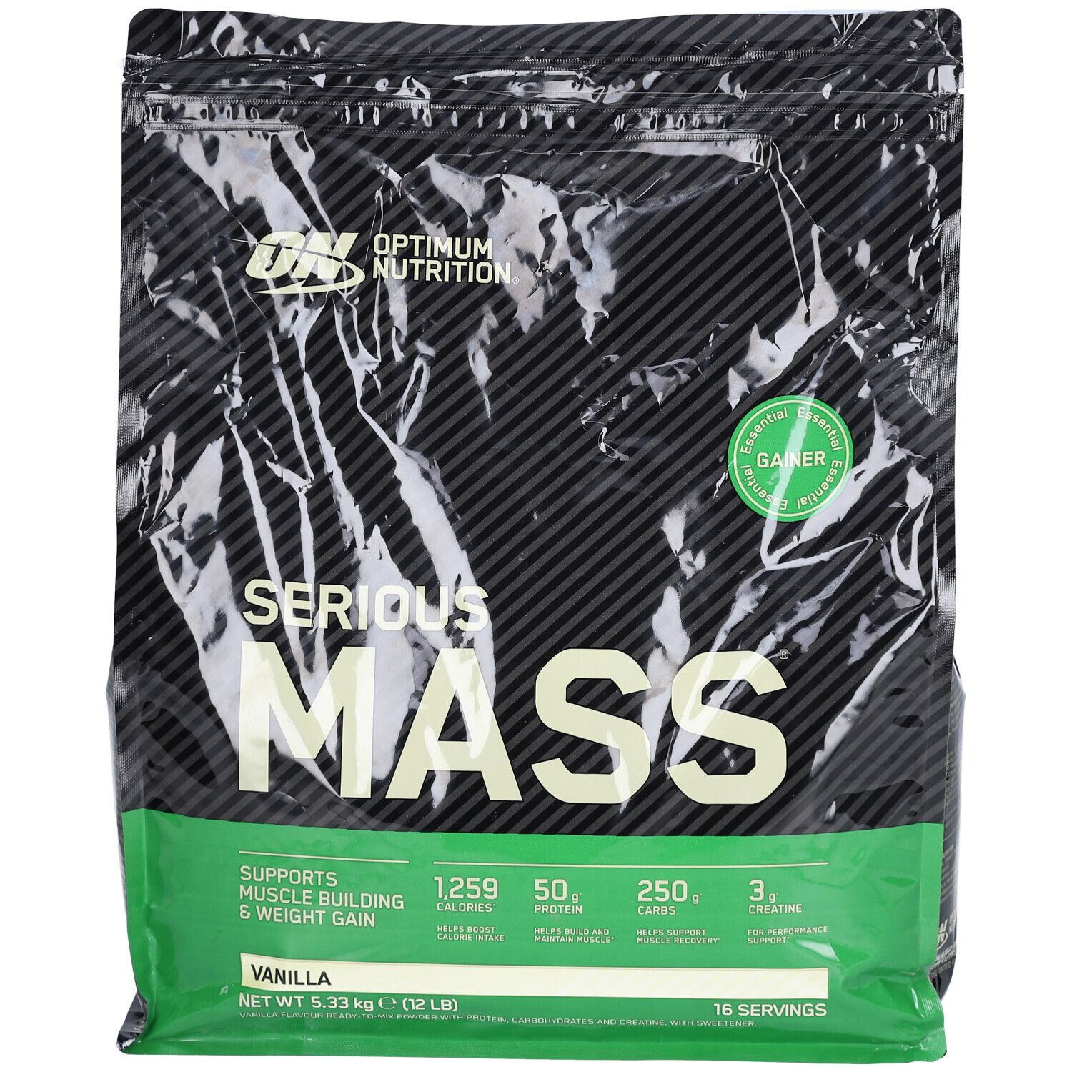 Schwarze Tüte "Optimum Nutrition Serious Mass Vanilla". Grün-weiße Details. Enthält Nährwertangaben und das Wort "Gainer".