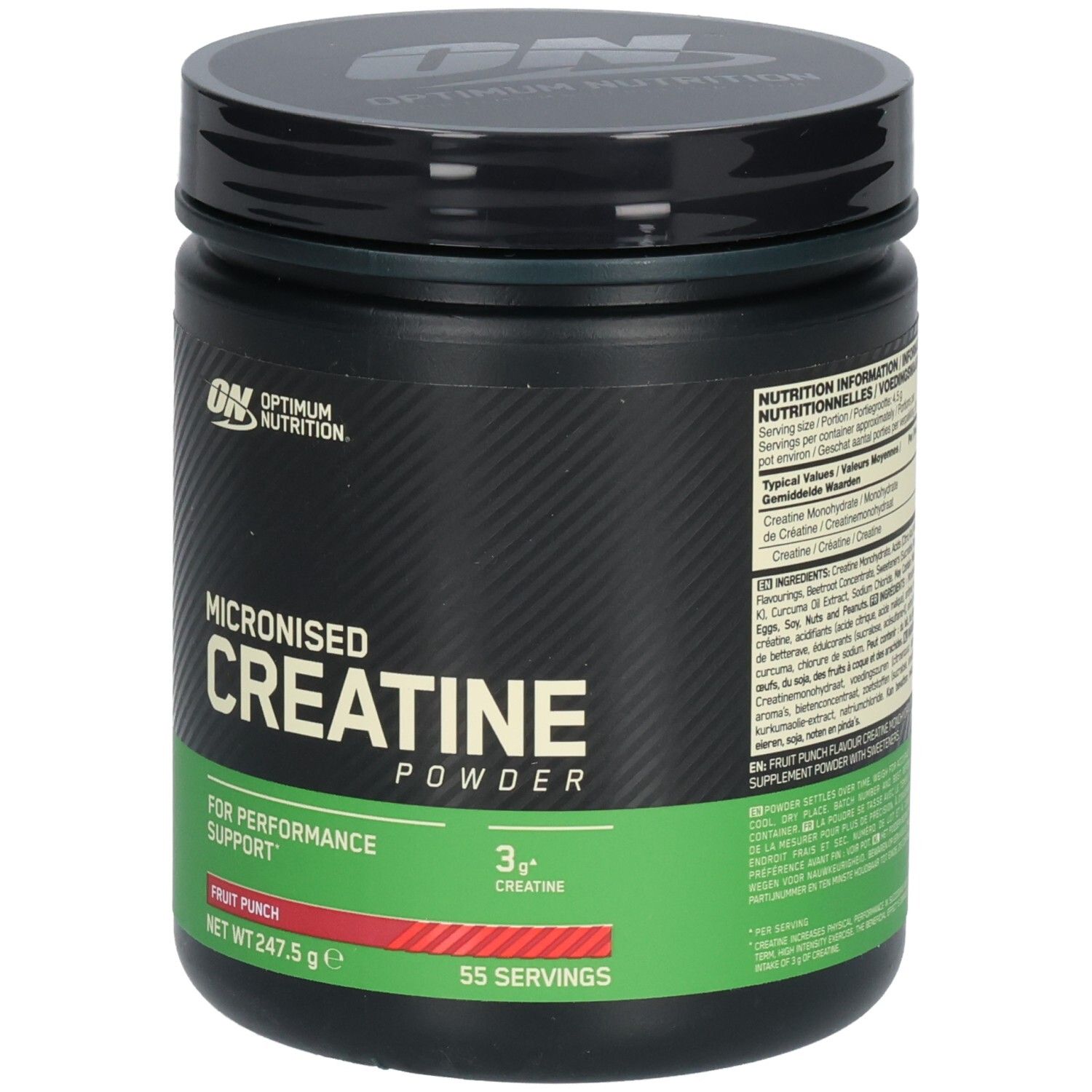 Schwarze Dose mit Deckel. Aufschrift: Micronised Creatine Powder, Fruit Punch, 55 Portionen. Marke: Optimum Nutrition.
