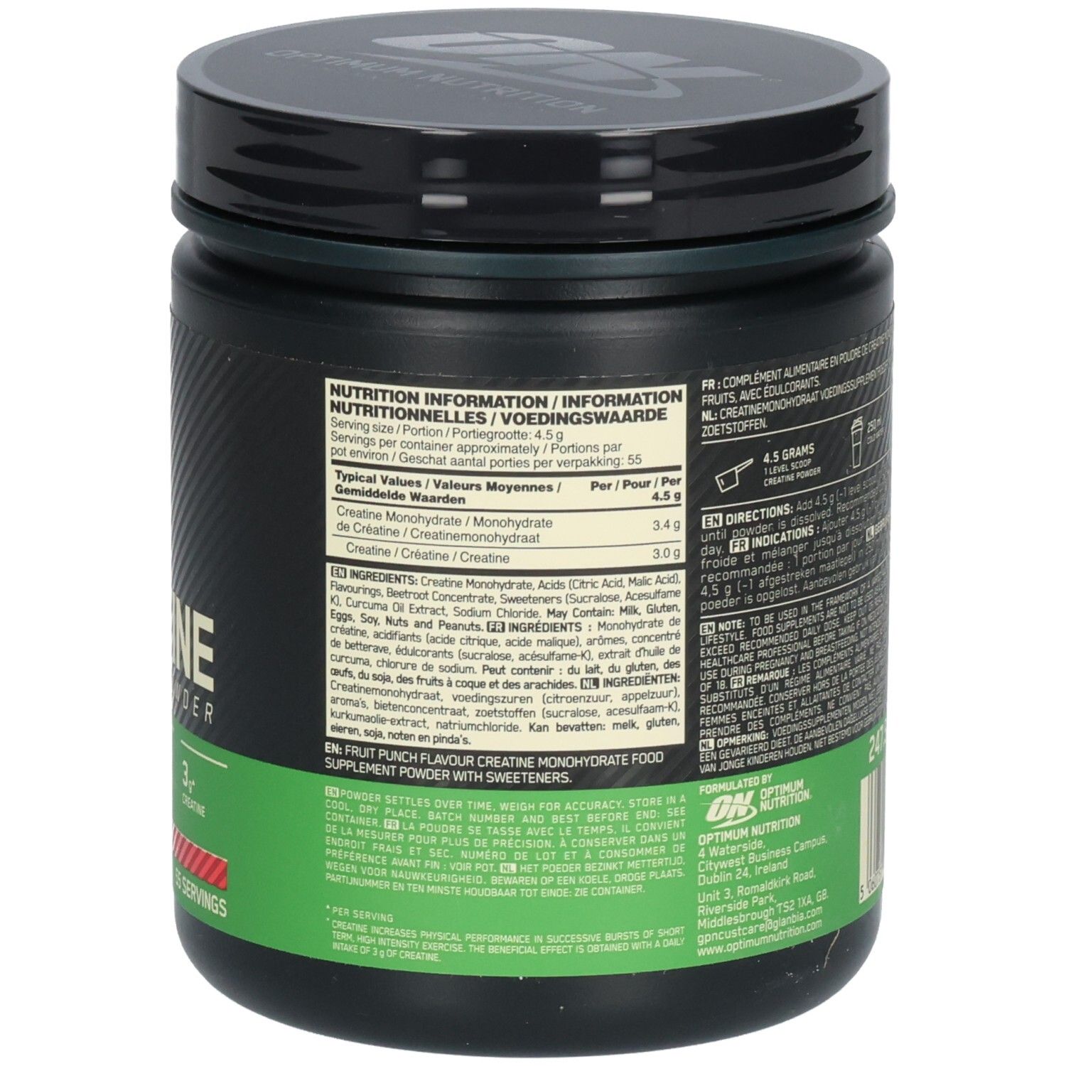 Rückseite der Dose. Text: Nährwertangaben, Inhaltsstoffe, Dosierung. Marke: Optimum Nutrition. Fruit Punch Geschmack.