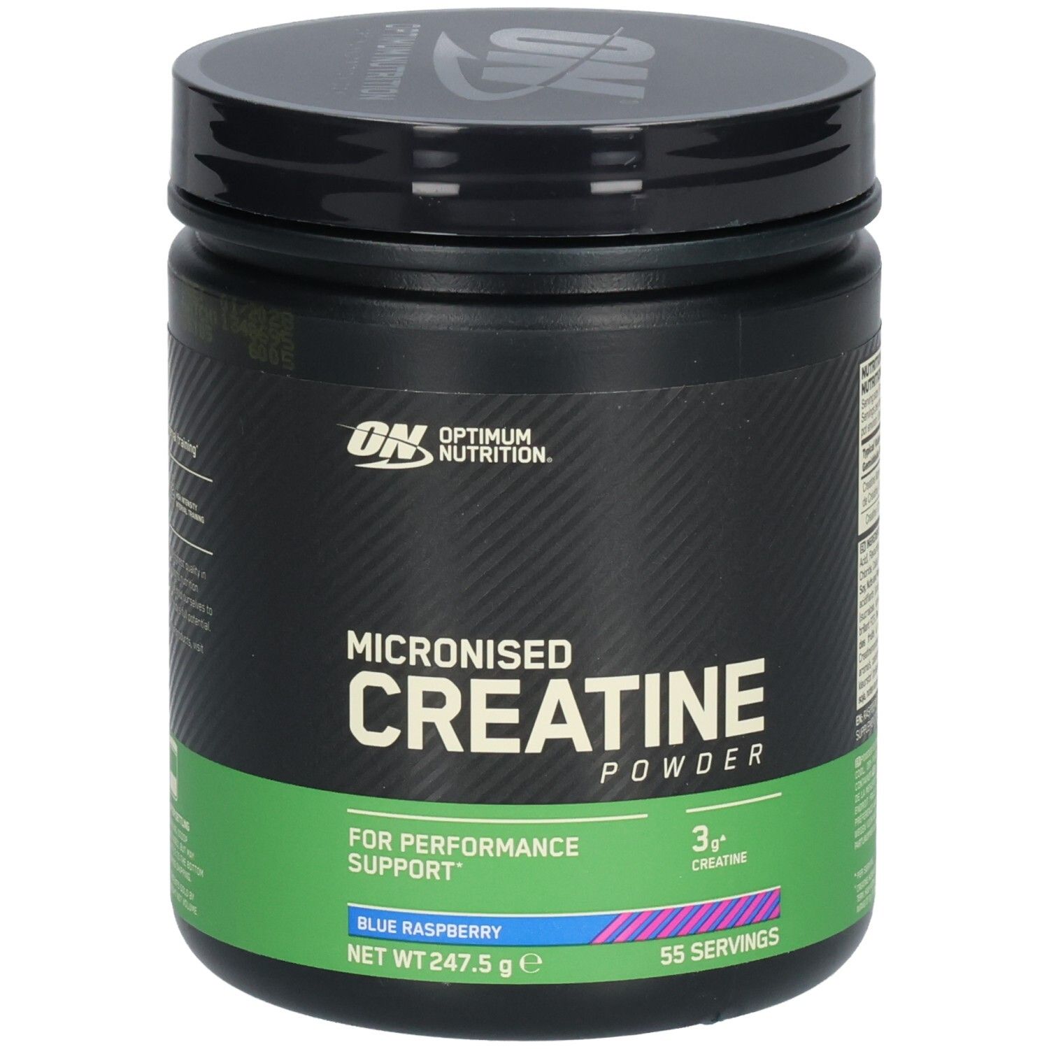 Schwarze Dose mit "Optimum Nutrition" und "Micronised Creatine Powder". Grün-blaue Banderole mit Produktangaben.