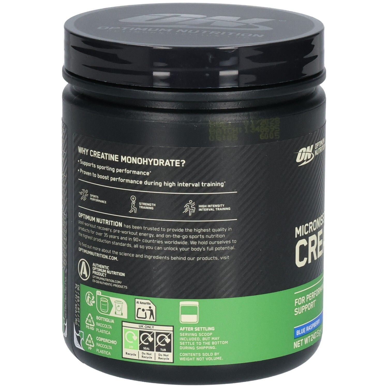 Rückseite der schwarzen Dose. Text über Creatin Monohydrat und Logos. Grün-blaue Banderole mit Produktangaben.