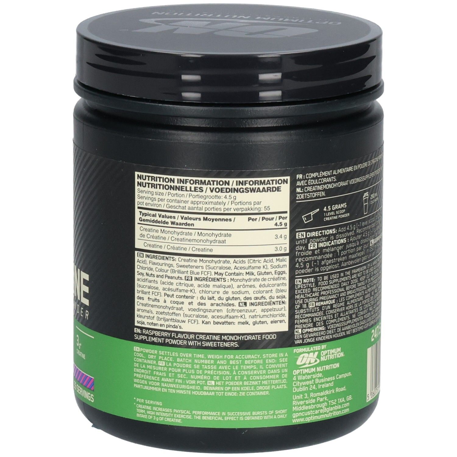 Rückseite der schwarzen Dose. Nährwertangaben und Zutatenliste. Grün-blaue Banderole mit Produktangaben.