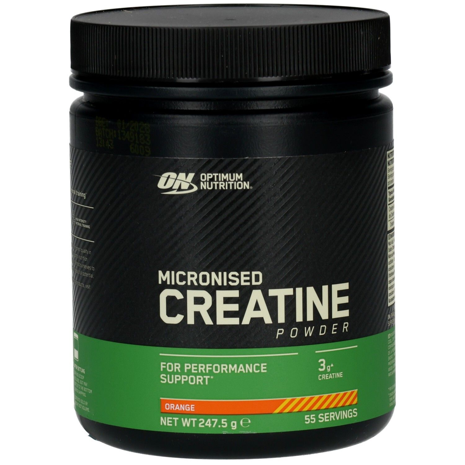 Schwarze Dose mit orangefarbenem Etikett. Aufschrift: Micronised Creatine Powder. Marke: Optimum Nutrition. 247,5 g.