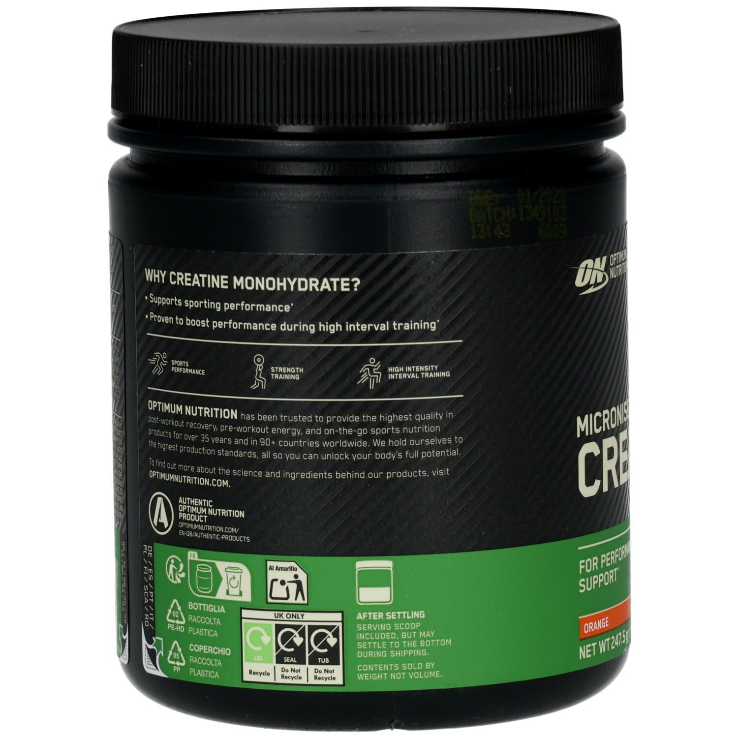 Rückseite der schwarzen Dose. Text: Warum Creatin Monohydrat? Unterstützt die sportliche Leistung. Marke: Optimum Nutrition.