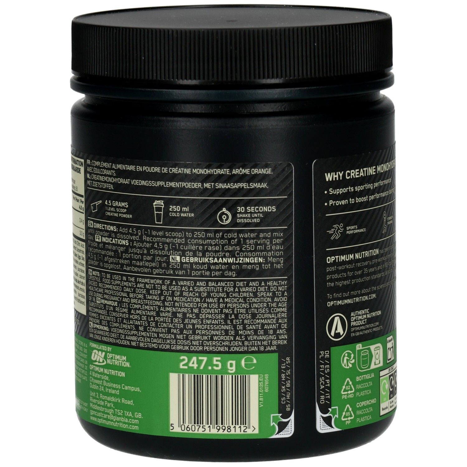 Rückseite der schwarzen Dose. Text: Nahrungsergänzungsmittel. Anweisungen: 4,5 g in 250 ml Wasser. Marke: Optimum Nutrition. 247,5 g.