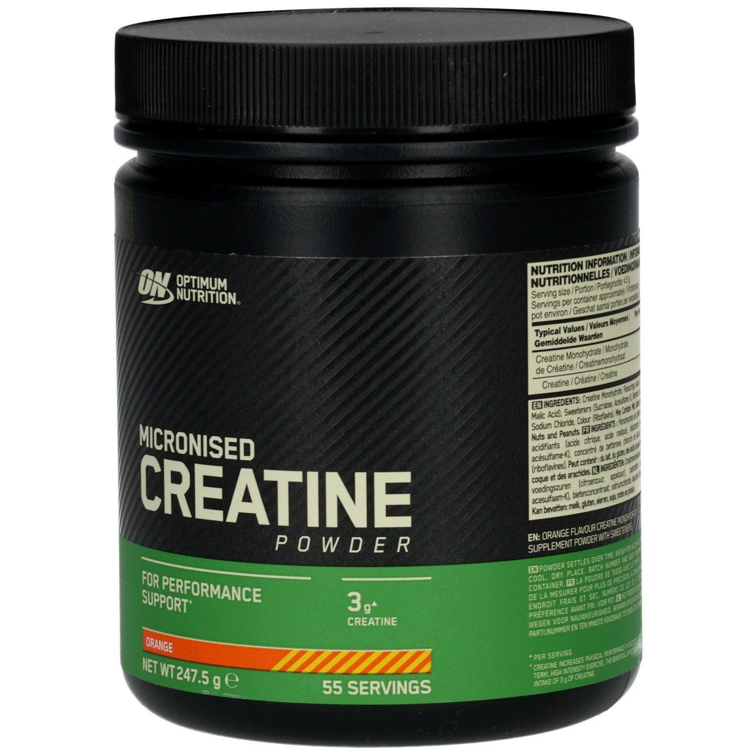 Schwarze Dose mit orangefarbenem Etikett. Aufschrift: Micronised Creatine Powder. Marke: Optimum Nutrition. 247,5 g.