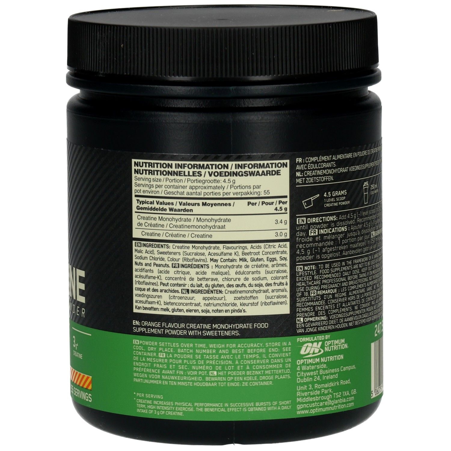 Rückseite der schwarzen Dose. Text: Nährwertangaben. Inhaltsstoffe: Creatin Monohydrat. Marke: Optimum Nutrition. 247,5 g.