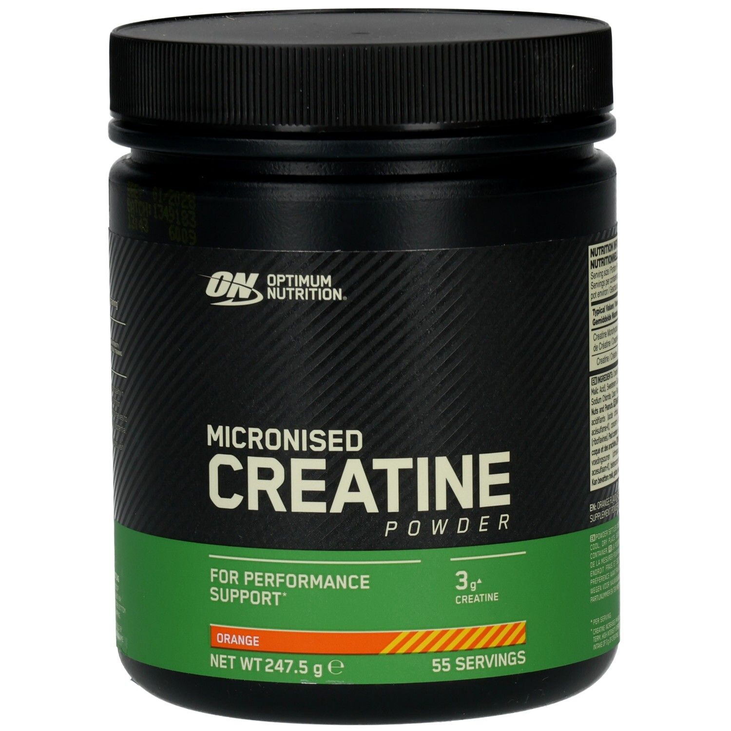 Schwarze Dose mit orangefarbenem Etikett. Aufschrift: Micronised Creatine Powder. Marke: Optimum Nutrition. 247,5 g. 55 Portionen.
