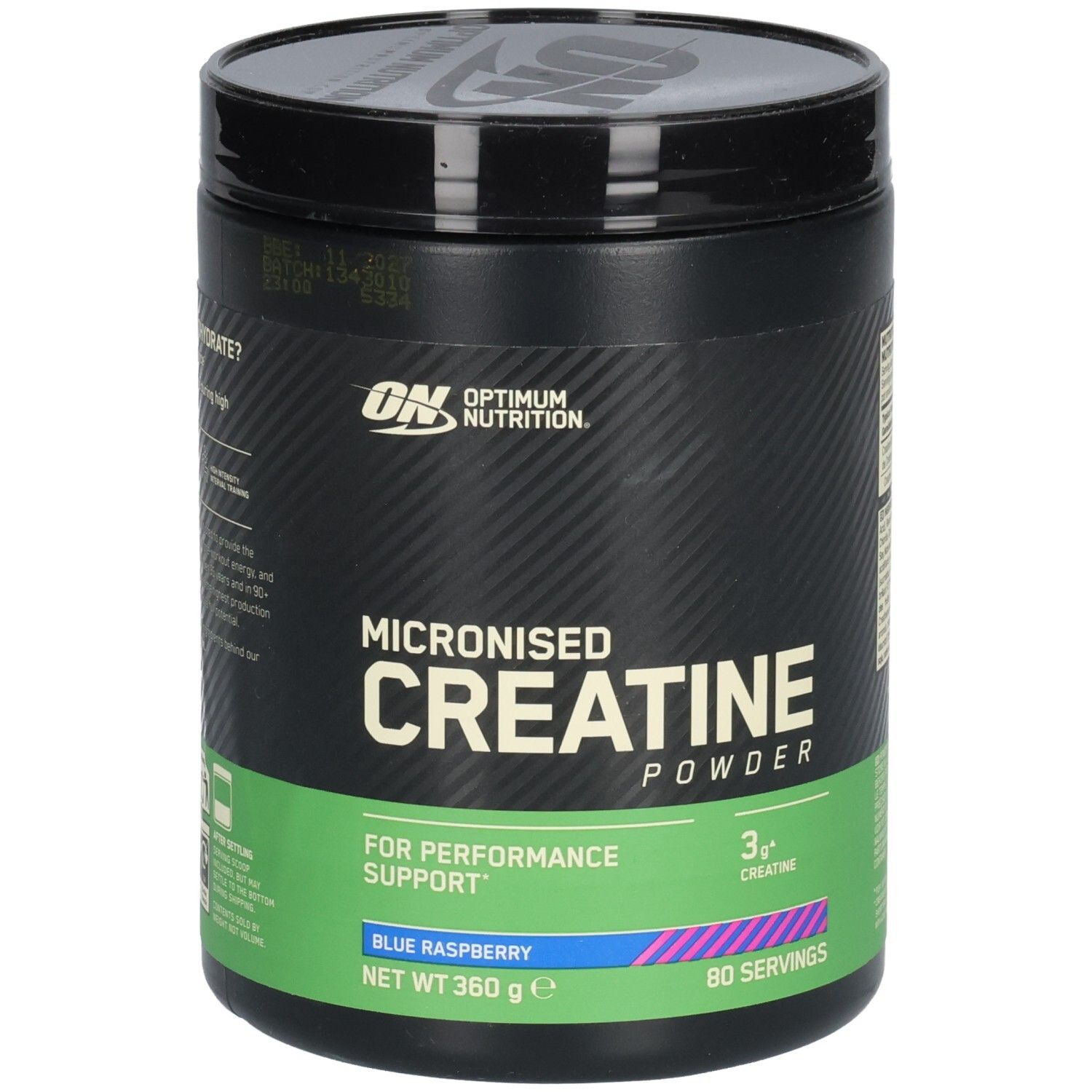 Schwarze Dose mit ON-Logo und Text: Micronised Creatine Powder, Blue Raspberry. 360g, 80 Portionen.