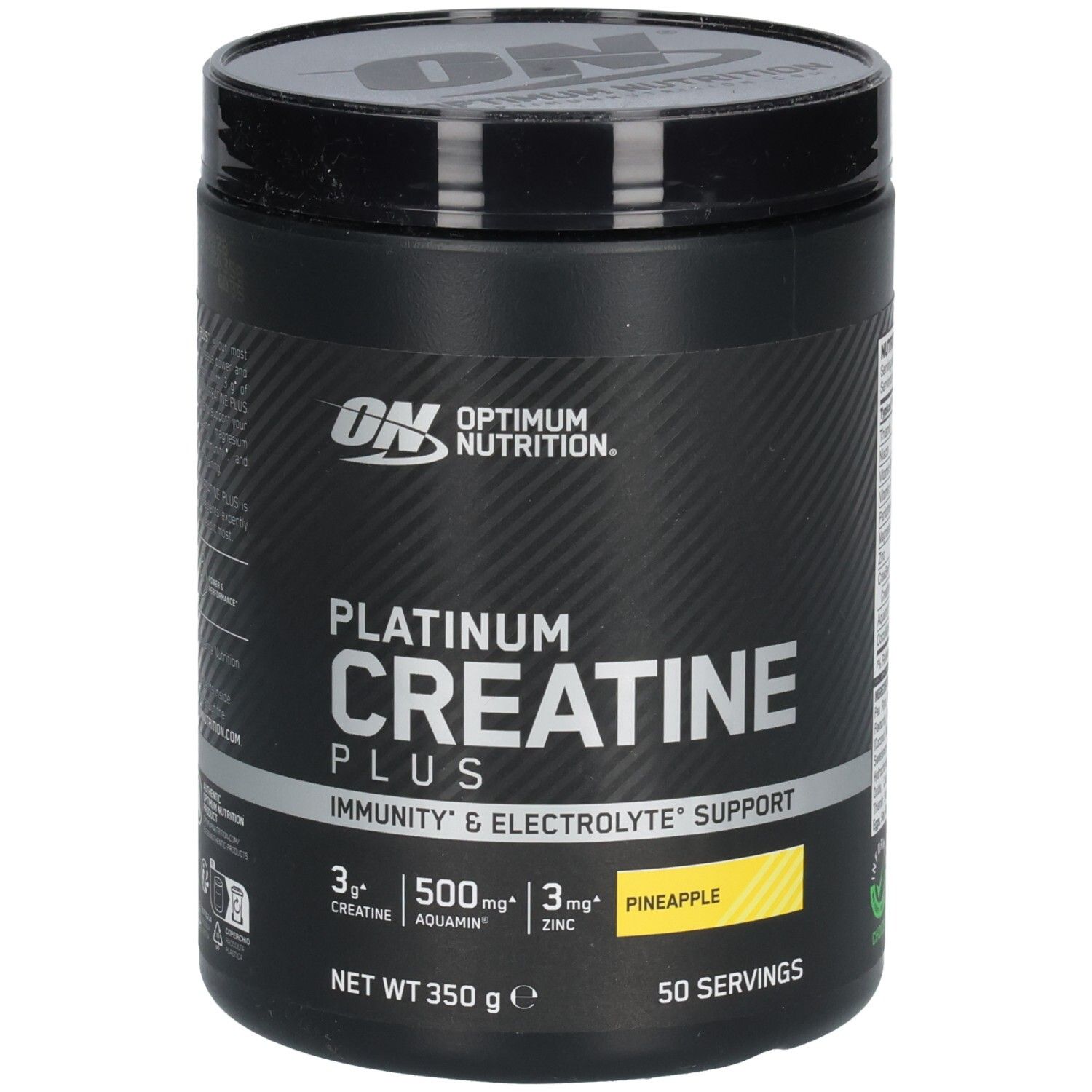Schwarze Dose mit Deckel. Aufschrift: Platinum Creatine Plus, Optimum Nutrition. Gelbes Feld: Pineapple. 50 Portionen.