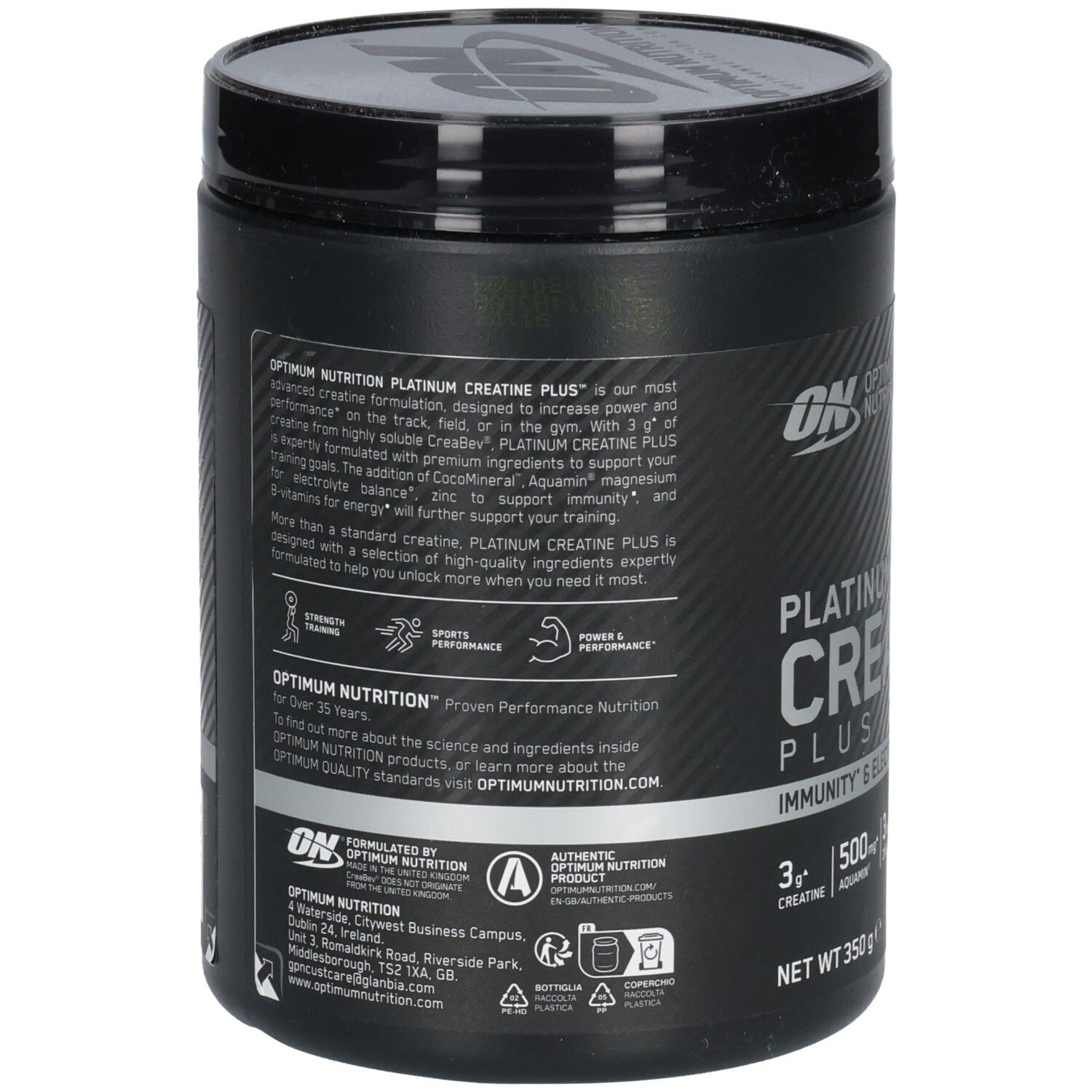 Schwarze Dose, Rückseite. Text: Optimum Nutrition, Platinum Creatine Plus. Informationen zu Inhaltsstoffen und Anwendung.