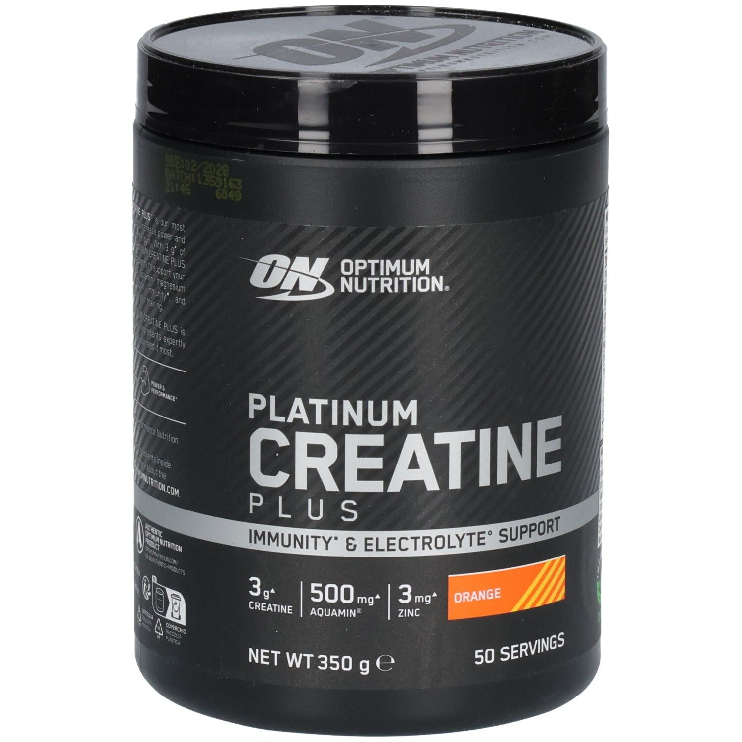 Schwarze Dose mit "Optimum Nutrition" und "Platinum Creatine Plus". Orangefarbenes Feld. 50 Portionen.