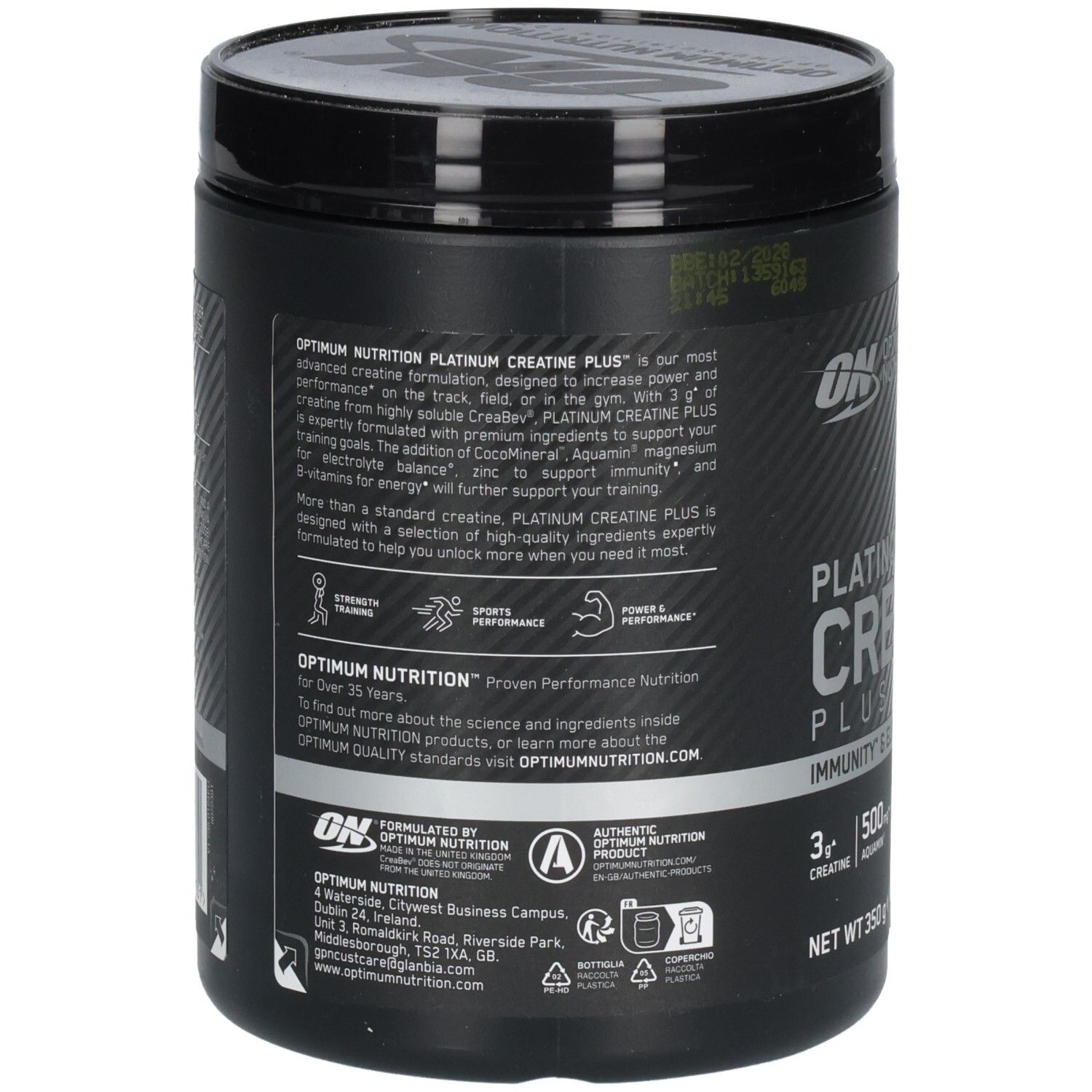 Rückseite der schwarzen Dose. Textinformationen zu "Optimum Nutrition Platinum Creatine Plus".