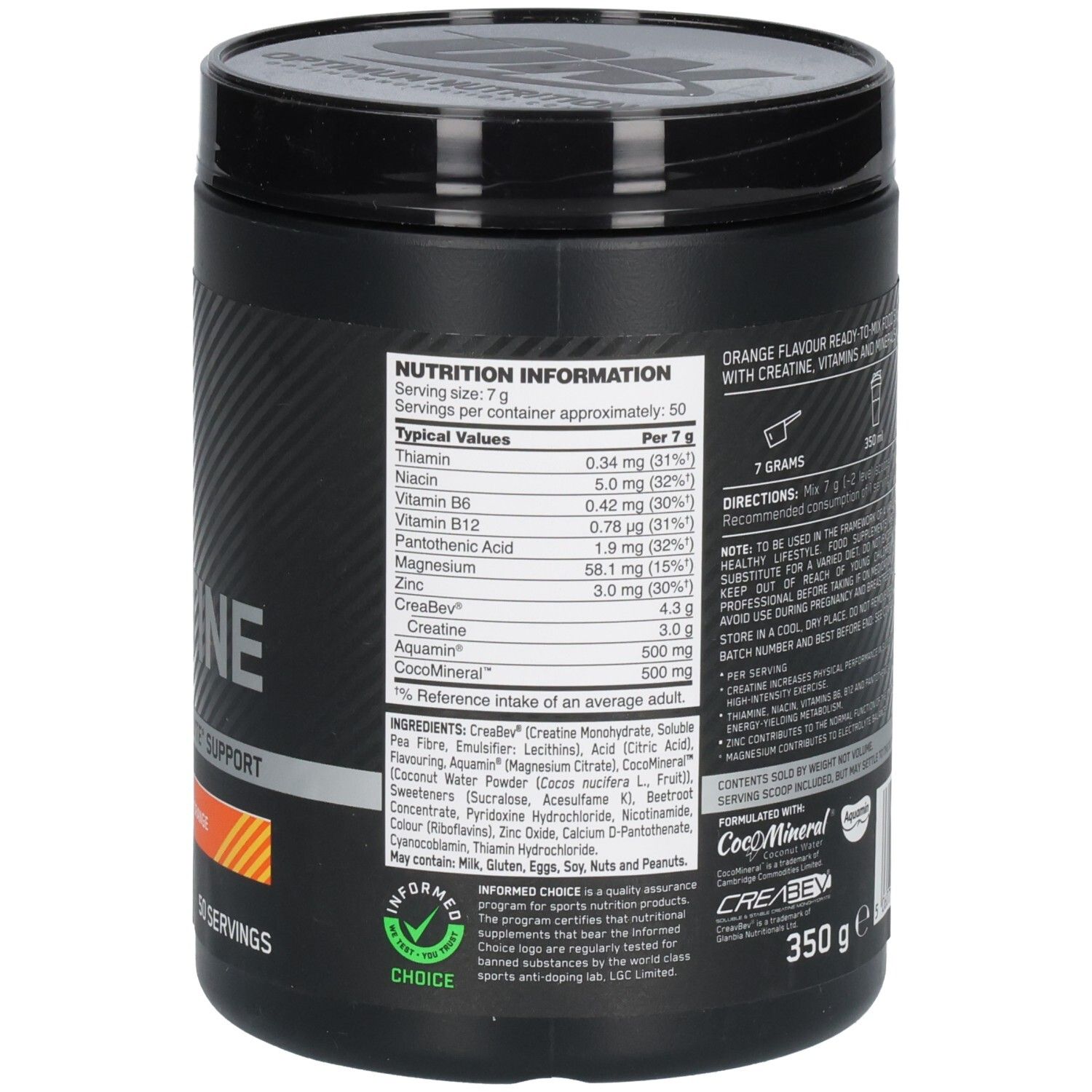 Rückseite der schwarzen Dose. Nährwertangaben und Zutatenliste. Orangefarbenes Feld.