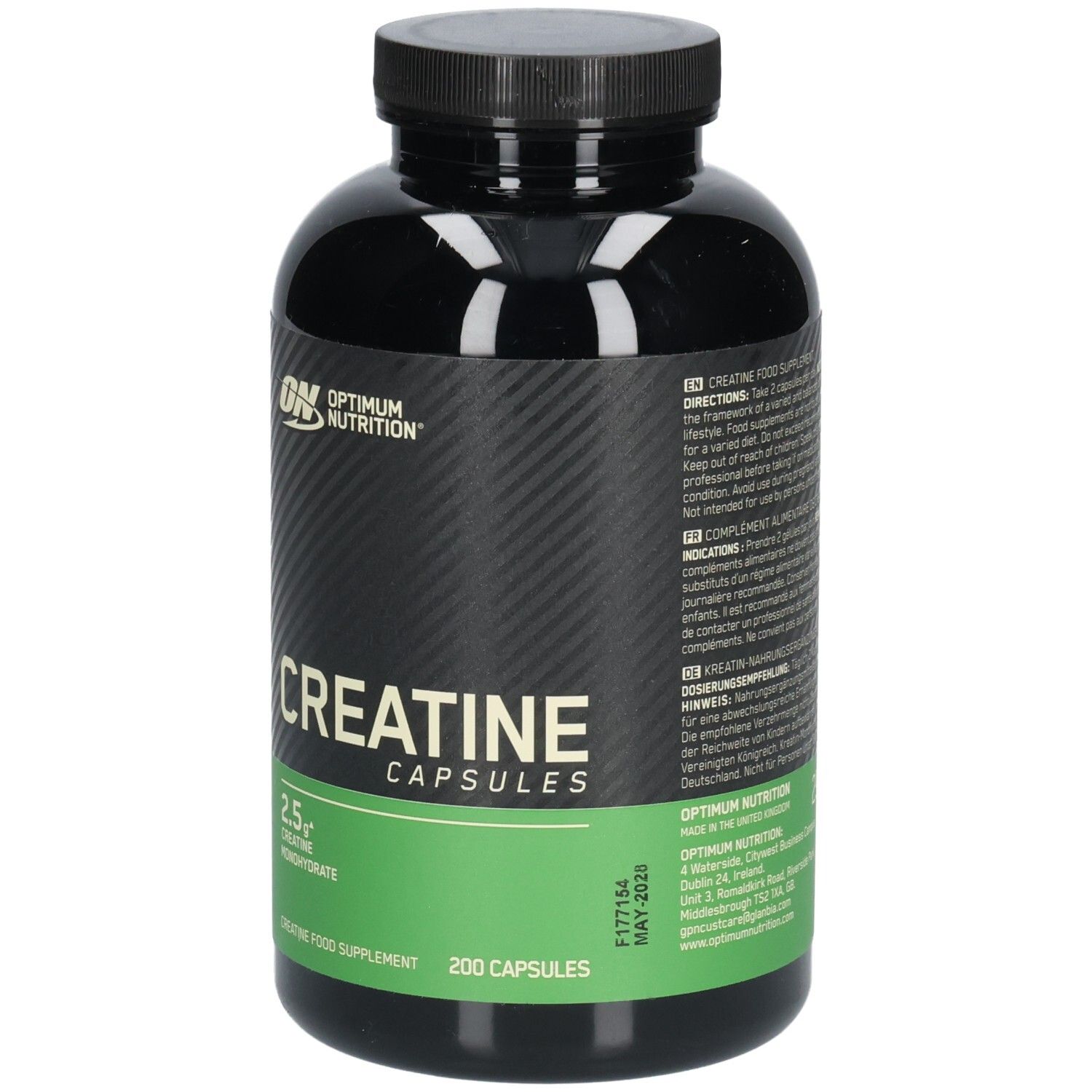 Schwarze Flasche mit Kapseln. Aufschrift: OPTIMUM NUTRITION, Creatine Capsules, 2.5g Creatine Monohydrate. 200 Kapseln.