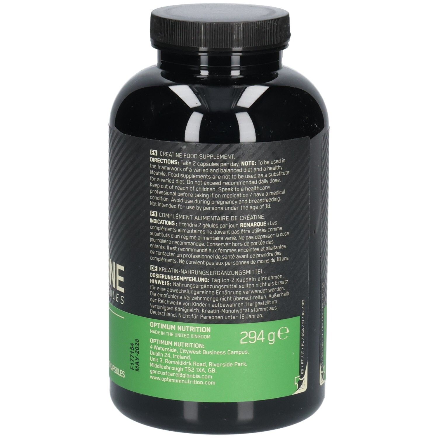 Rückseite der Flasche mit Nährwertangaben und Inhaltsstoffen. Enthält Creatine Monohydrate. 294g. Informationen in Deutsch, Englisch, Französisch, Italienisch.