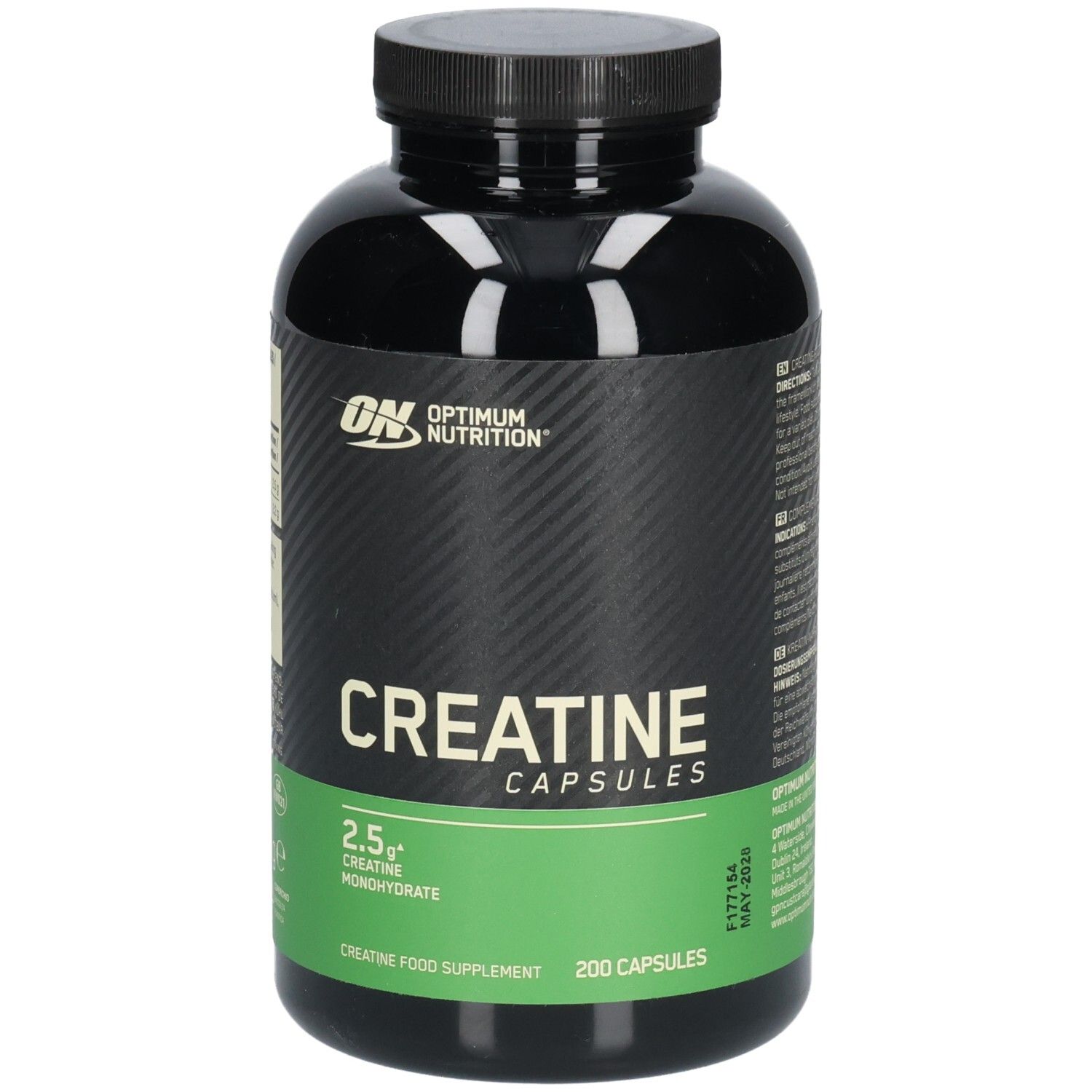 Schwarze Flasche mit Kapseln. Aufschrift: OPTIMUM NUTRITION, Creatine Capsules, 2.5g Creatine Monohydrate. 200 Kapseln.