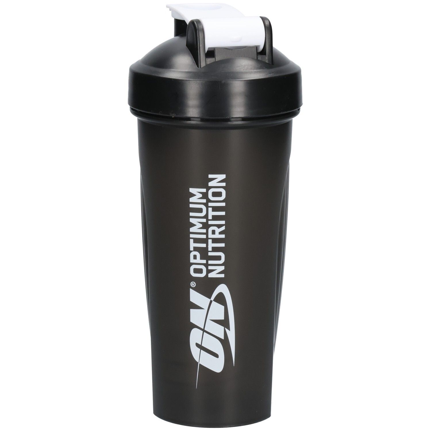 Schwarzer Shaker mit weißem Deckel. Aufschrift: OPTIMUM NUTRITION. Logo: ON.