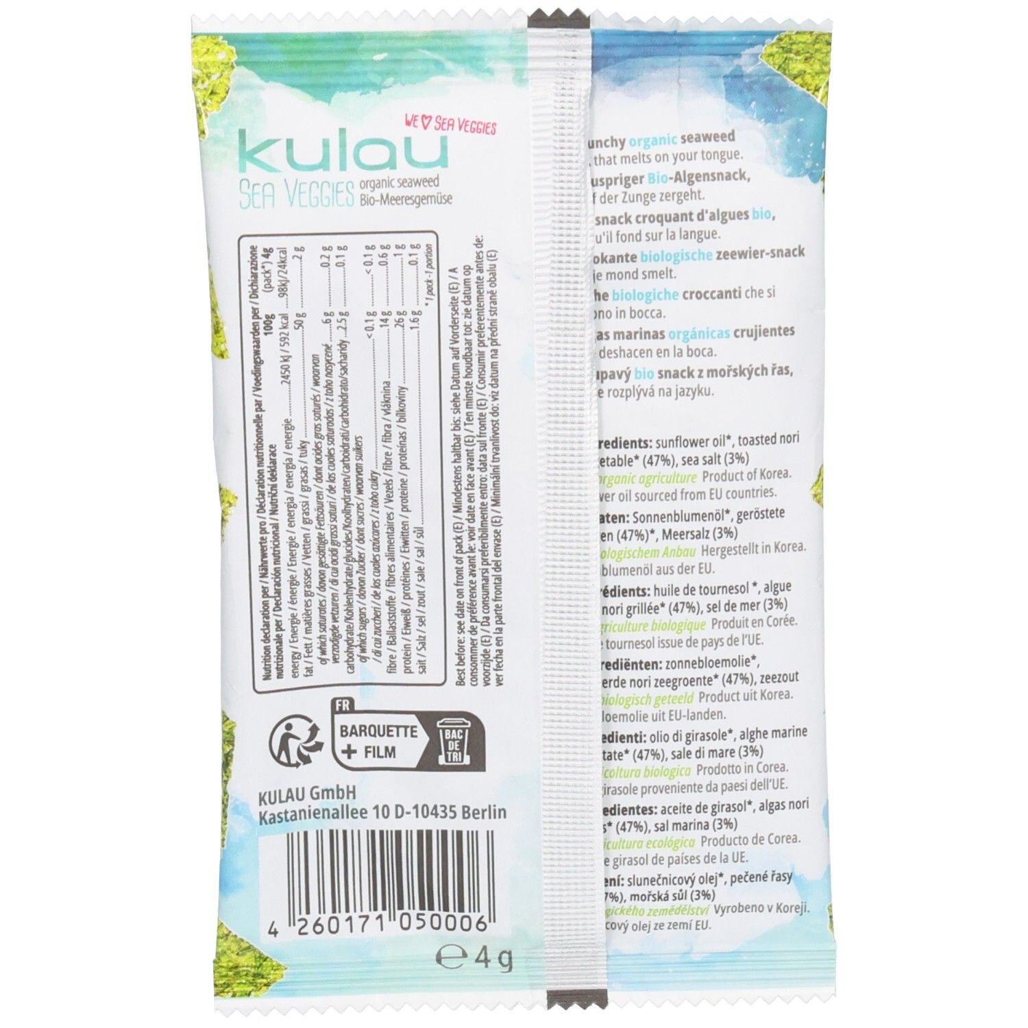 Rückseite der Verpackung von Kulau Bio Nori Algen-Snack. Text mit Nährwertangaben und Zutaten. Barquette + Film-Symbol.