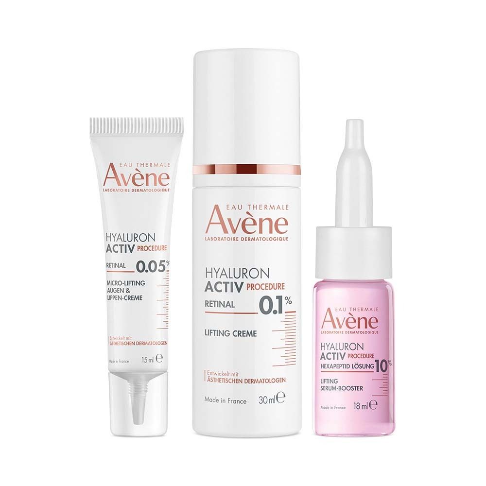 Drei Produkte: Augencreme, Lifting Creme und Serum. Alle mit Avène-Logo und Produktnamen. Weiß, rosa und weiß-goldene Verpackung.