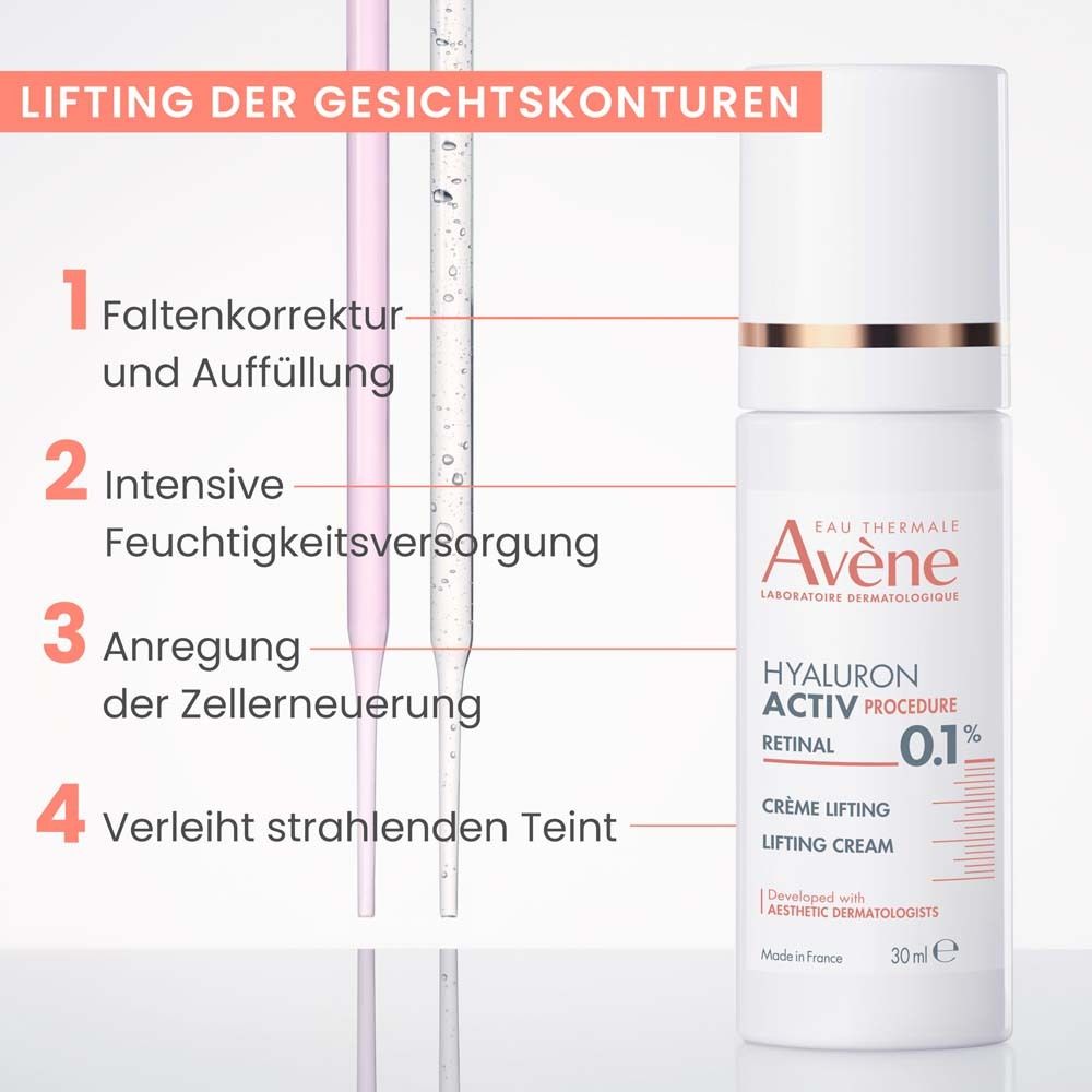 Lifting Creme von Avène. Weiße Flasche mit goldener Kappe. Text: Hyaluron Activ Procedure, Retinal 0.1%, Lifting Creme. 30ml.