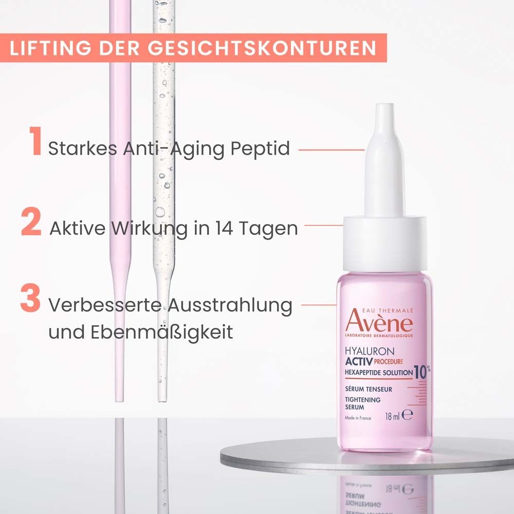 Serum-Booster von Avène. Rosa Fläschchen mit Pipette. Text: Hyaluron Activ Procedure, Hexapeptid Lösung 10%, Serum Tenseur, 18ml.
