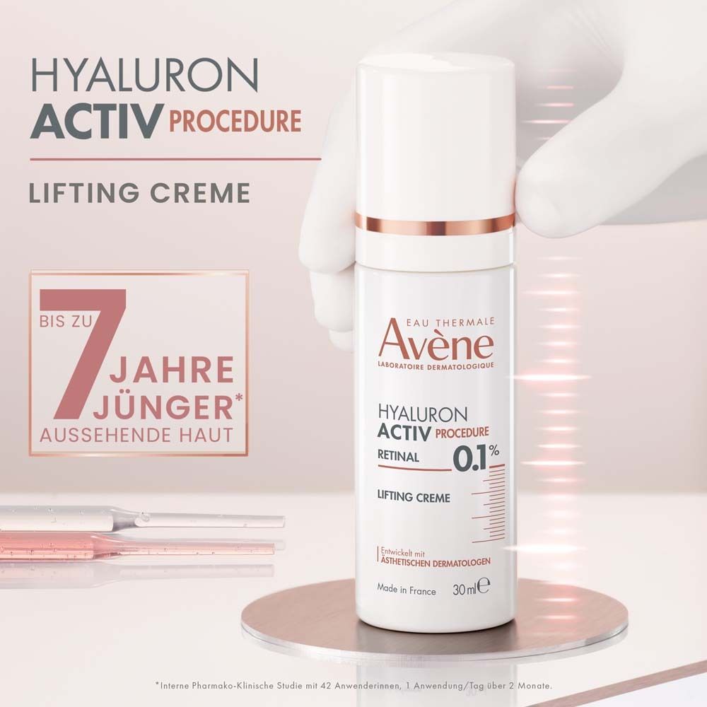 Lifting Creme von Avène. Weiße Flasche mit goldener Kappe. Text: Hyaluron Activ Procedure, Retinal 0.1%, Lifting Creme. 30ml. Bis zu 7 Jahre jünger.