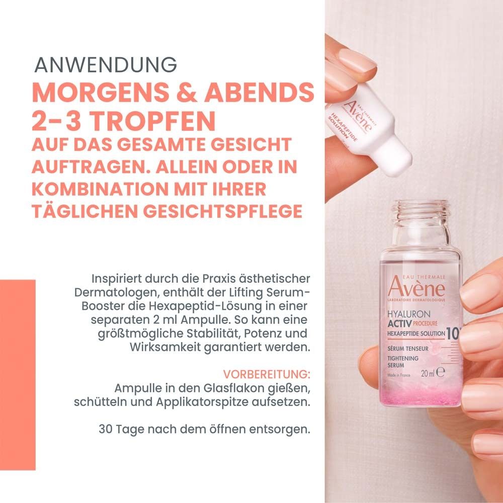 Serum-Booster von Avène. Rosa Fläschchen mit Pipette. Text: Hyaluron Activ Procedure, Hexapeptid Lösung 10%, Serum Tenseur, 18ml. Anwendung.