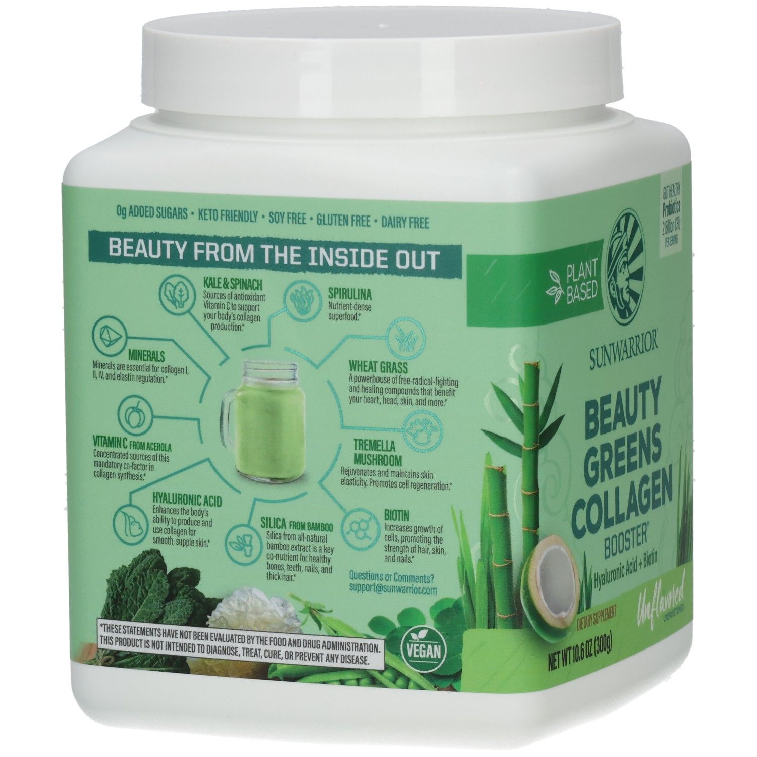 Rückseite der Dose mit Sunwarrior Beauty Greens Collagen Booster. Zeigt Inhaltsstoffe und Vorteile.