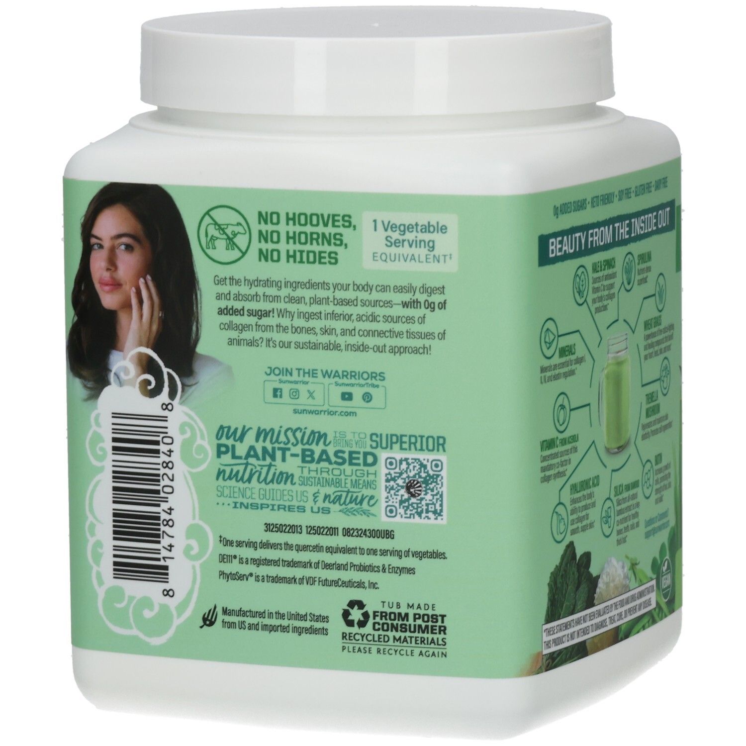 Seitenansicht der Dose mit Sunwarrior Beauty Greens Collagen Booster. Enthält Nährwertangaben und Produktinformationen.